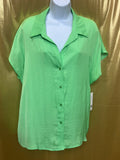 Counterparts Lime Green Button Down Blouse Size L NWT Short Sleeve Flowy Shirt