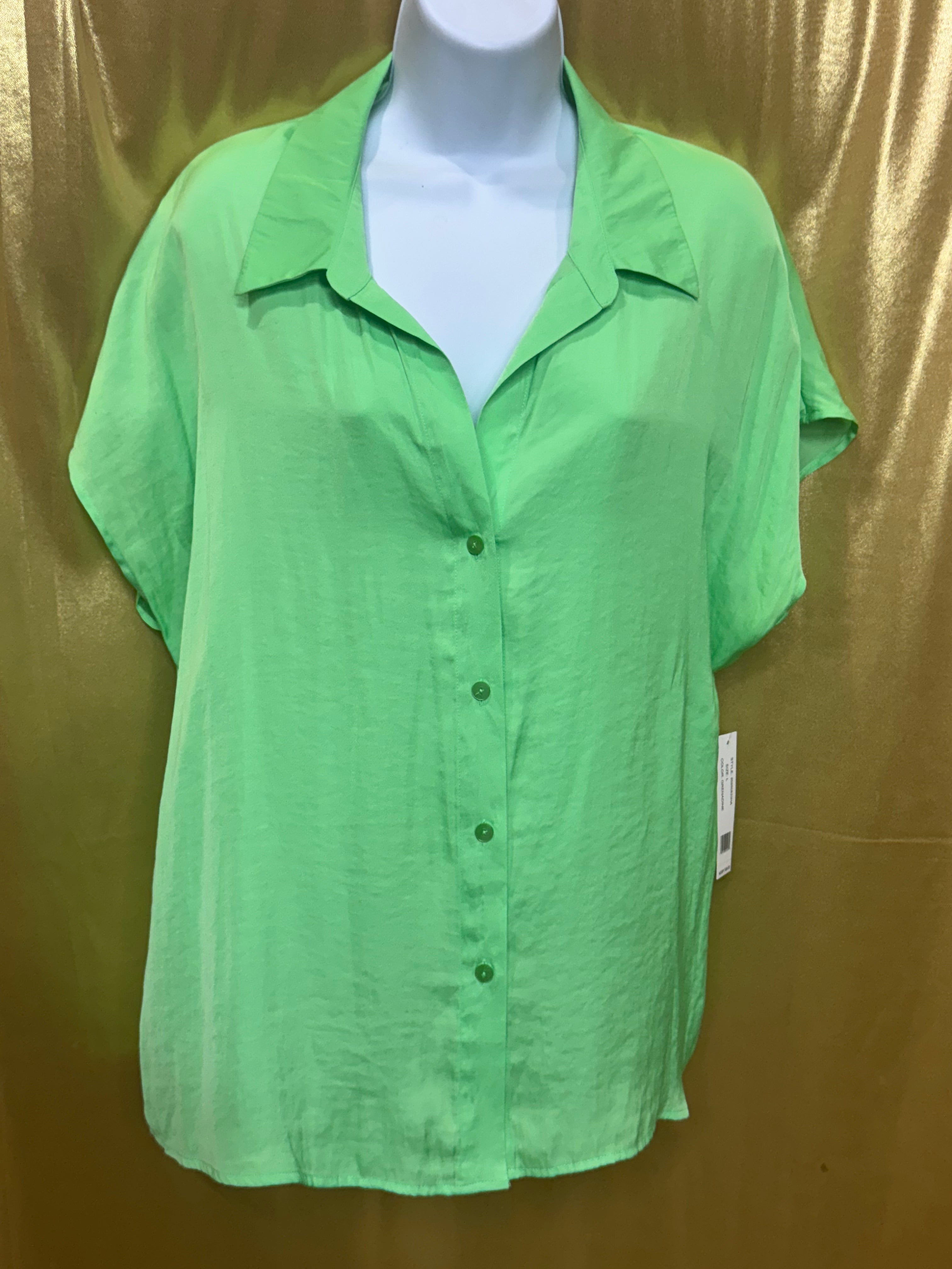Counterparts Lime Green Button Down Blouse Size L NWT Short Sleeve Flowy Shirt