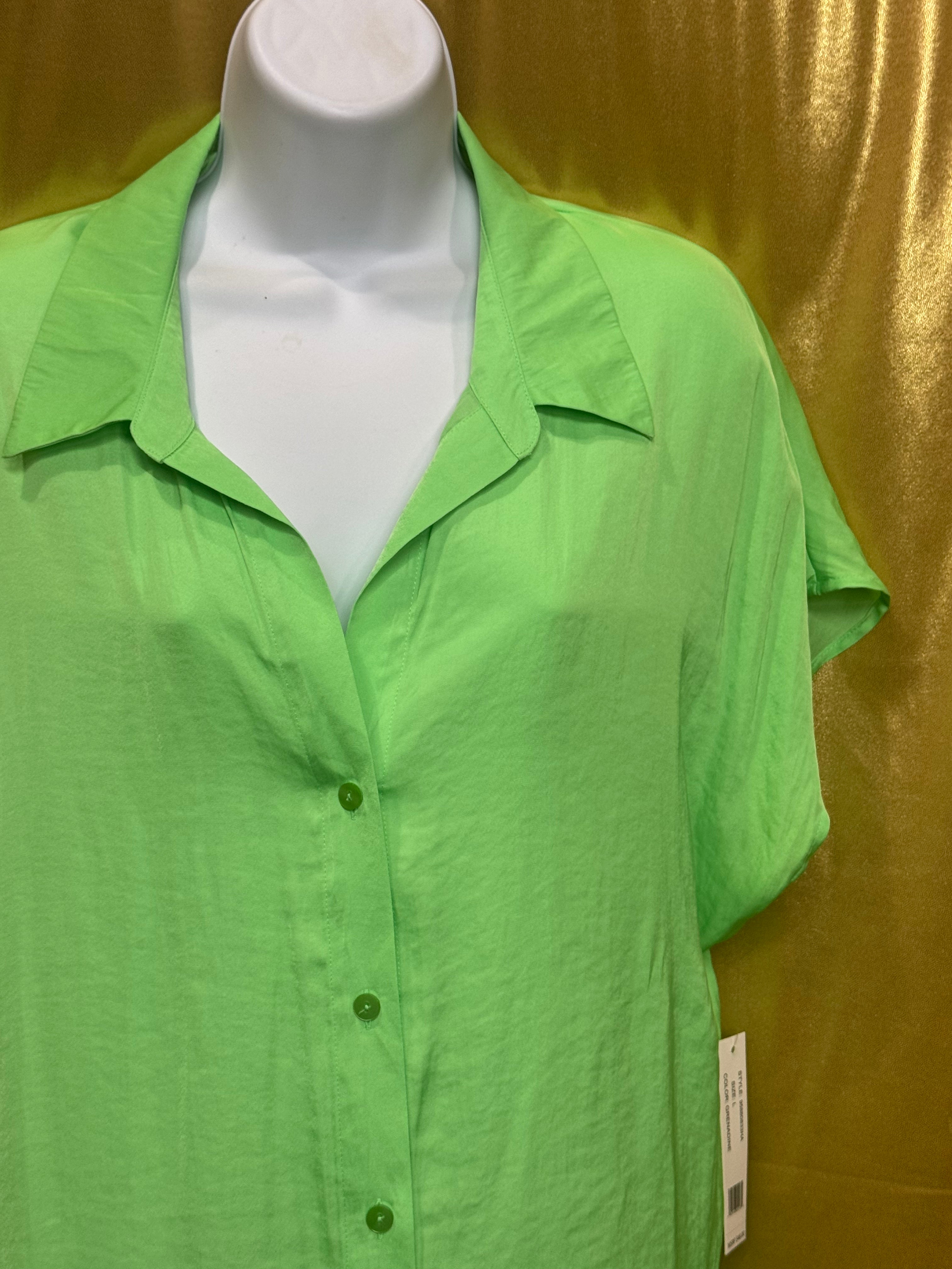 Counterparts Lime Green Button Down Blouse Size L NWT Short Sleeve Flowy Shirt