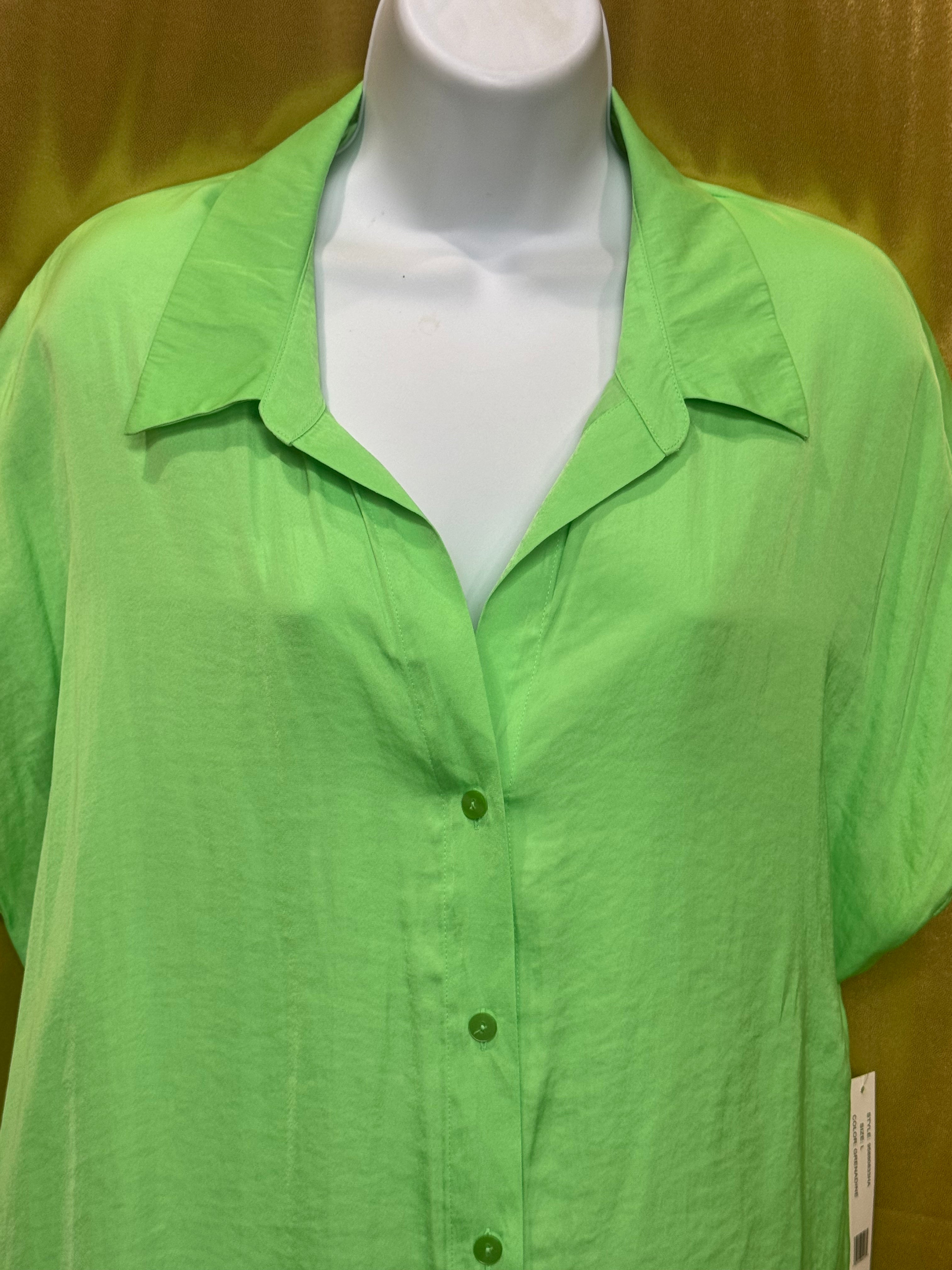 Counterparts Lime Green Button Down Blouse Size L NWT Short Sleeve Flowy Shirt