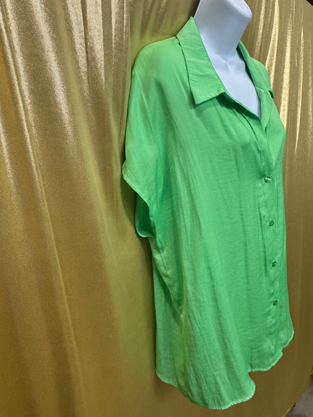 Counterparts Lime Green Button Down Blouse Size L NWT Short Sleeve Flowy Shirt