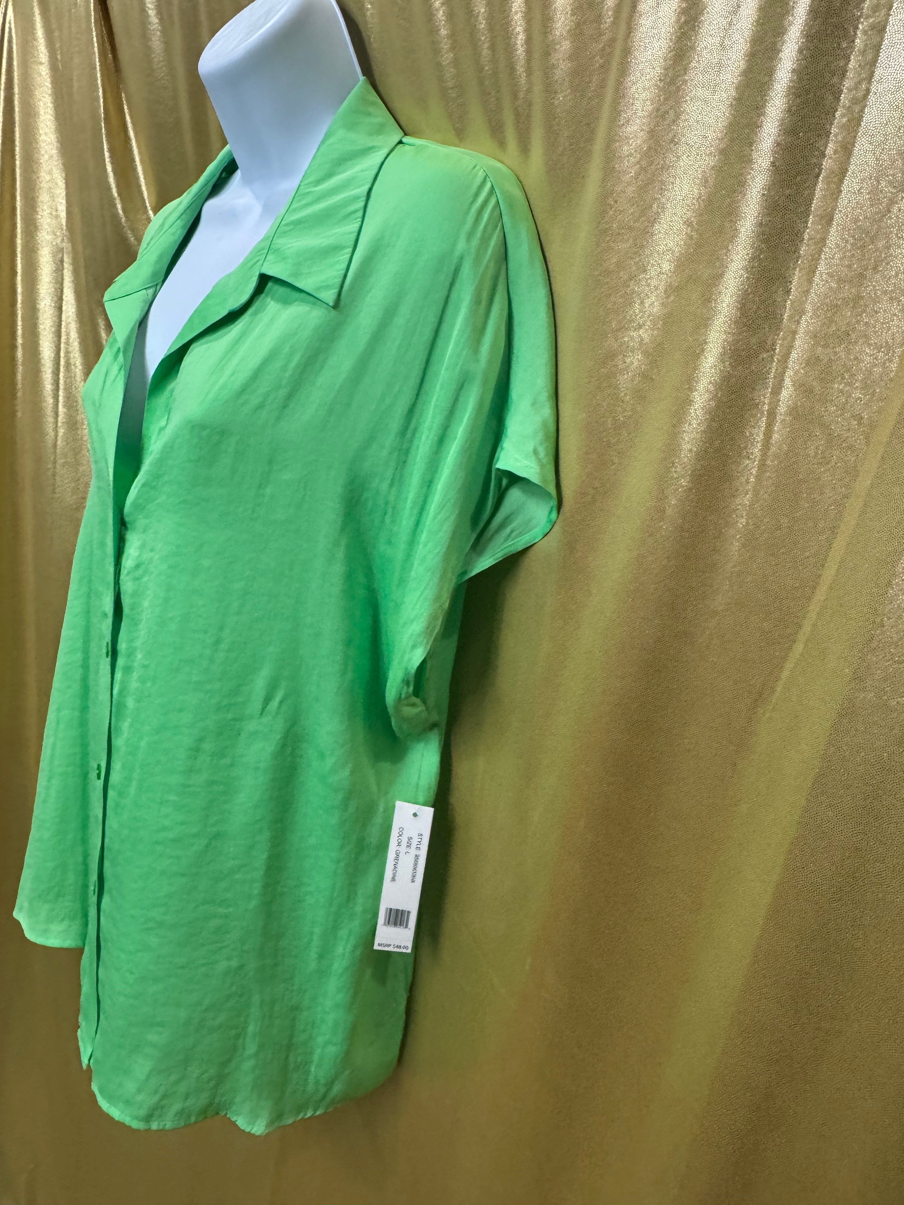 Counterparts Lime Green Button Down Blouse Size L NWT Short Sleeve Flowy Shirt