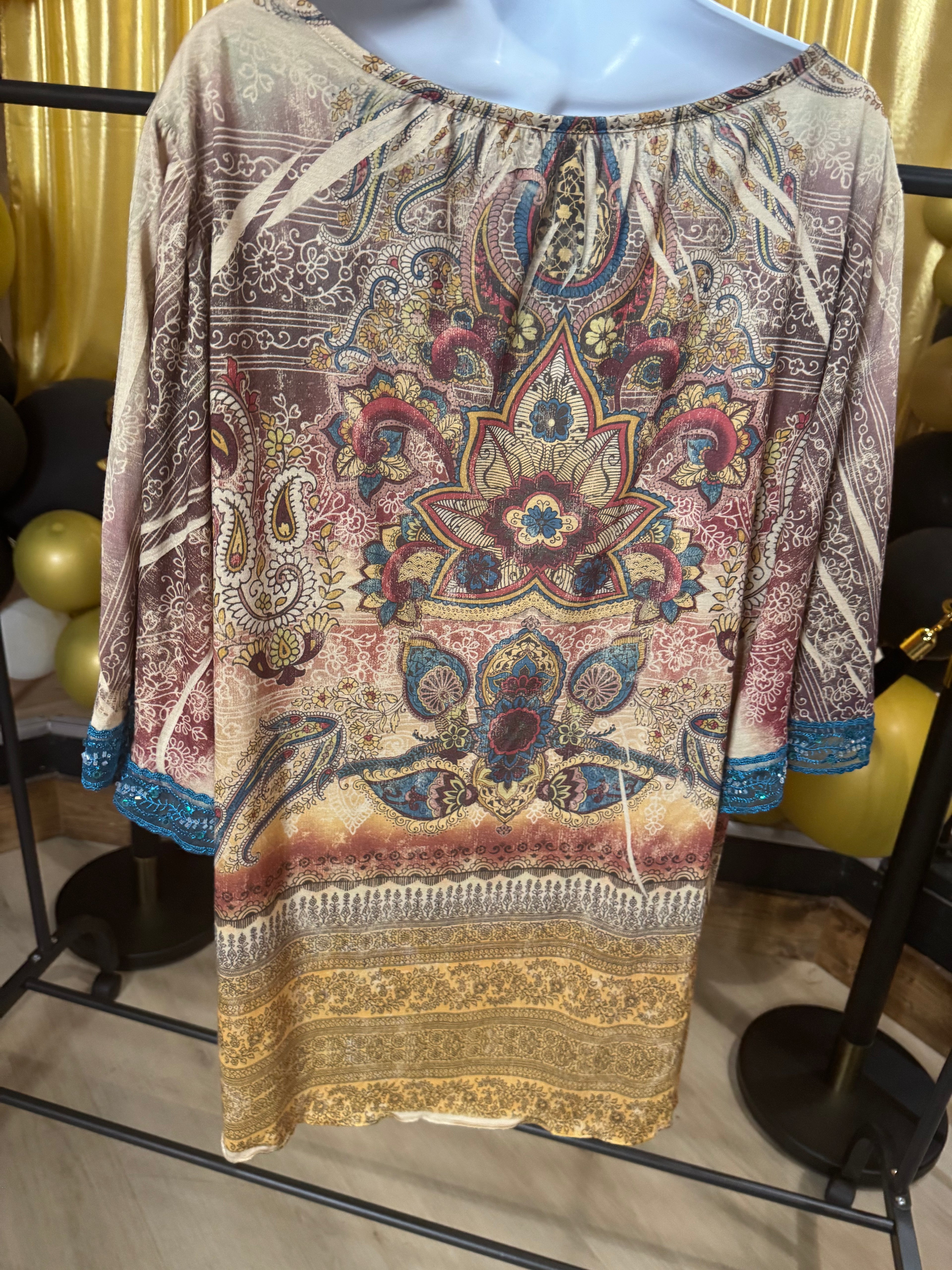 New Directions Cream & Teal Lace Trim Blouse Sz 2X