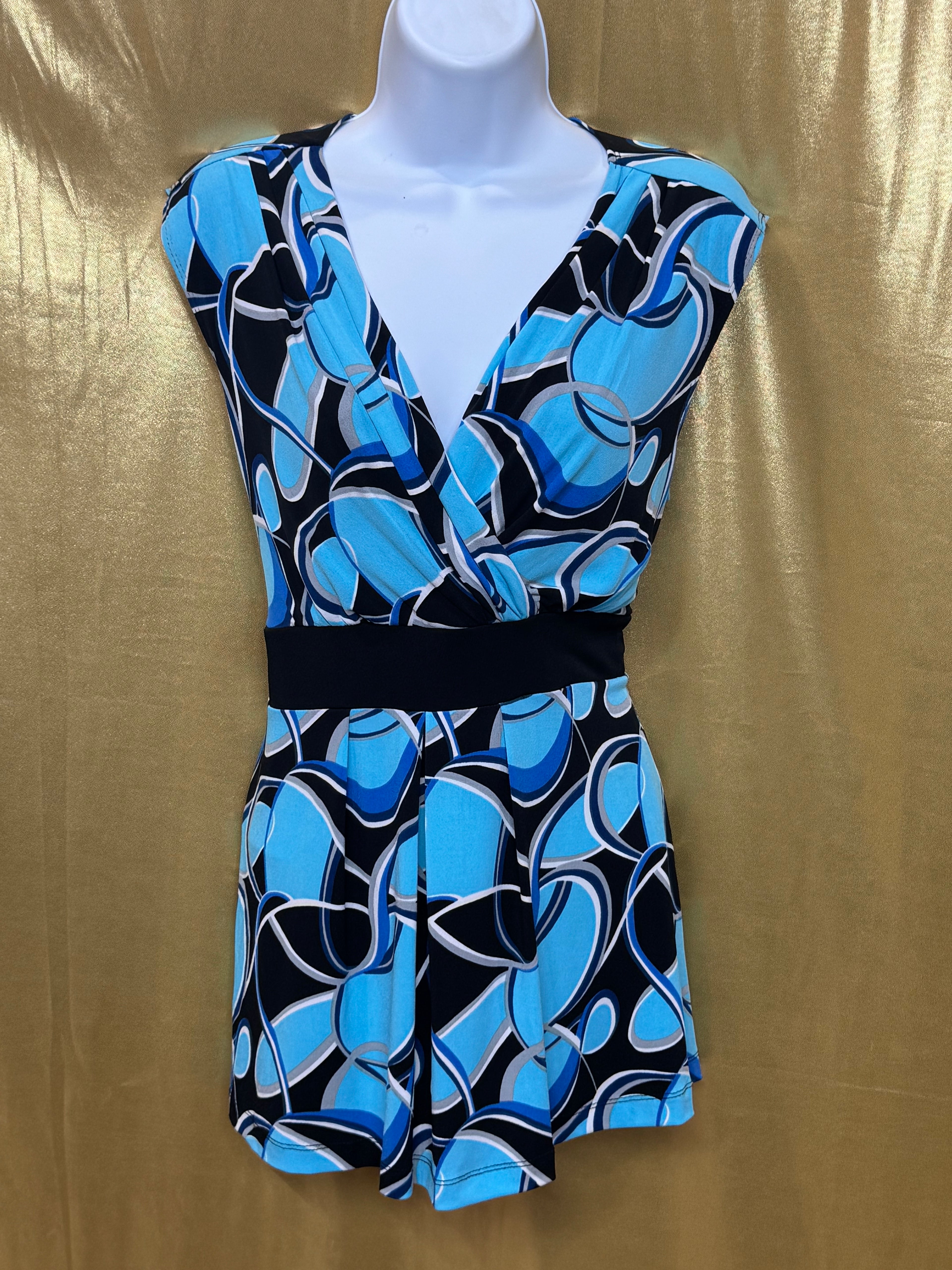 Cato Geometric Abstract V-Neck Faux Wrap Top Blue Black Medium W/ Tie Belt