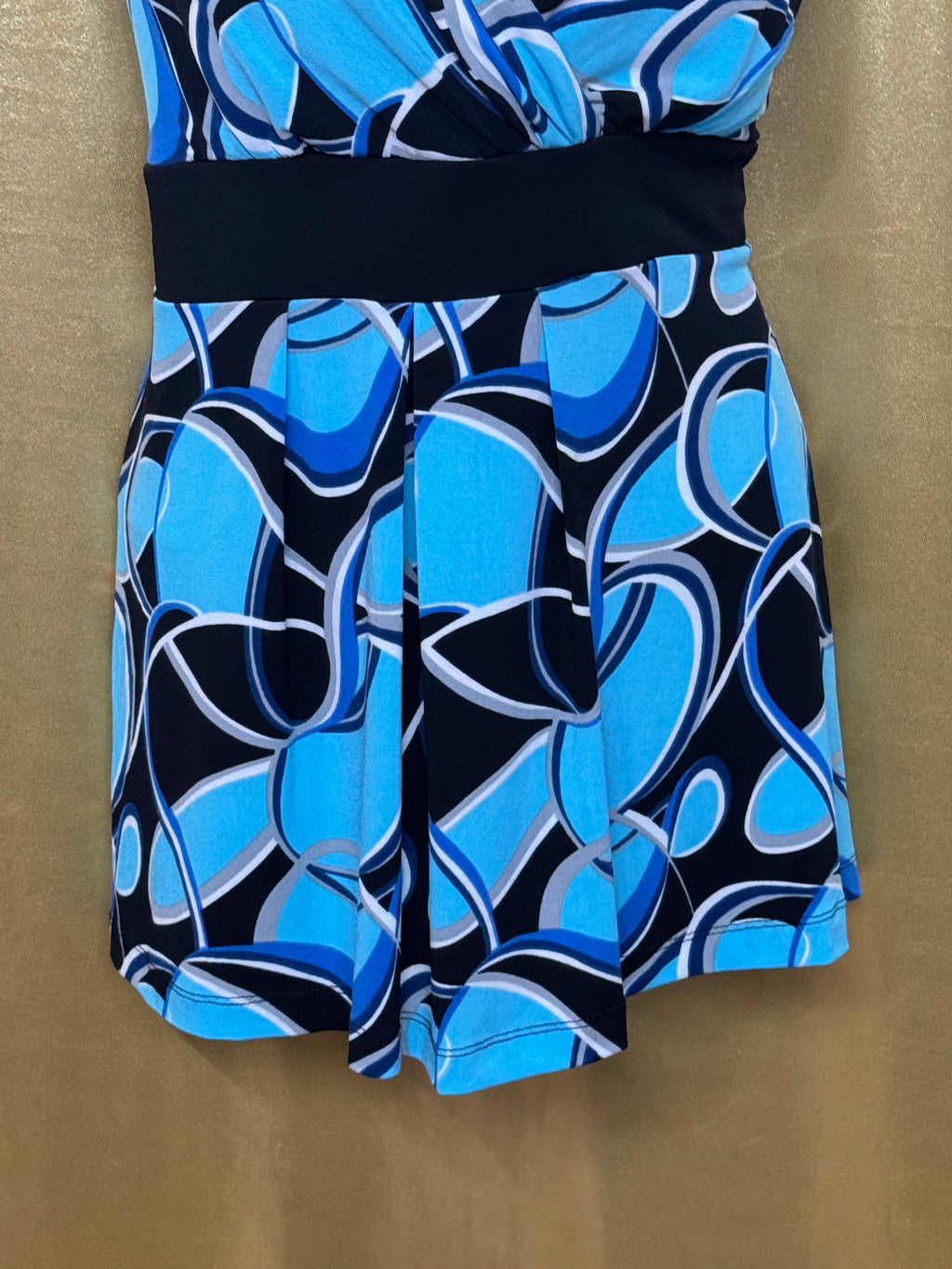 Cato Geometric Abstract V-Neck Faux Wrap Top Blue Black Medium W/ Tie Belt