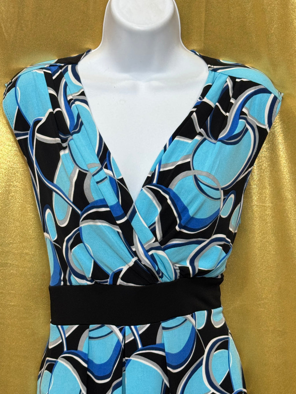 Cato Geometric Abstract V-Neck Faux Wrap Top Blue Black Medium W/ Tie Belt