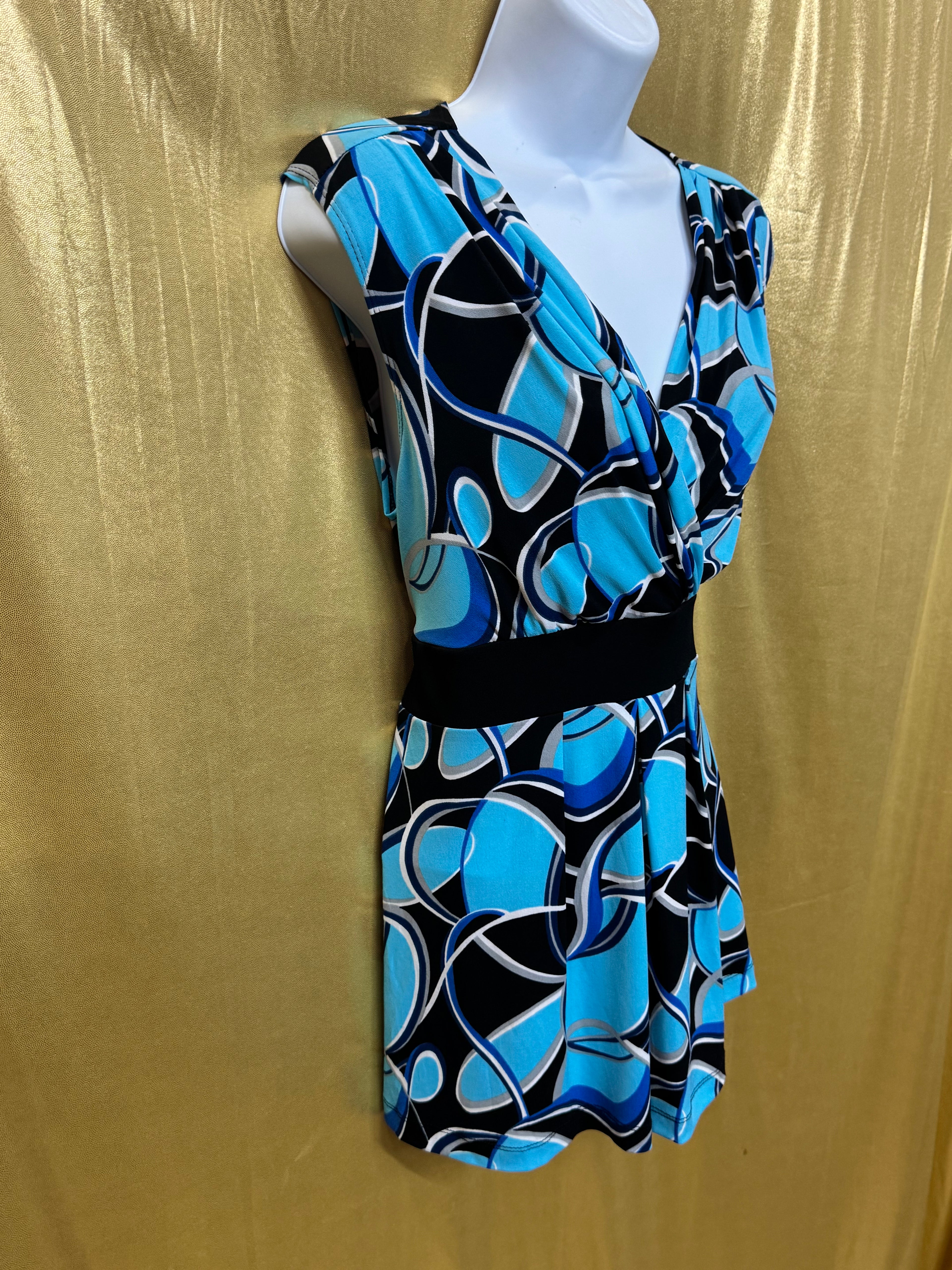 Cato Geometric Abstract V-Neck Faux Wrap Top Blue Black Medium W/ Tie Belt