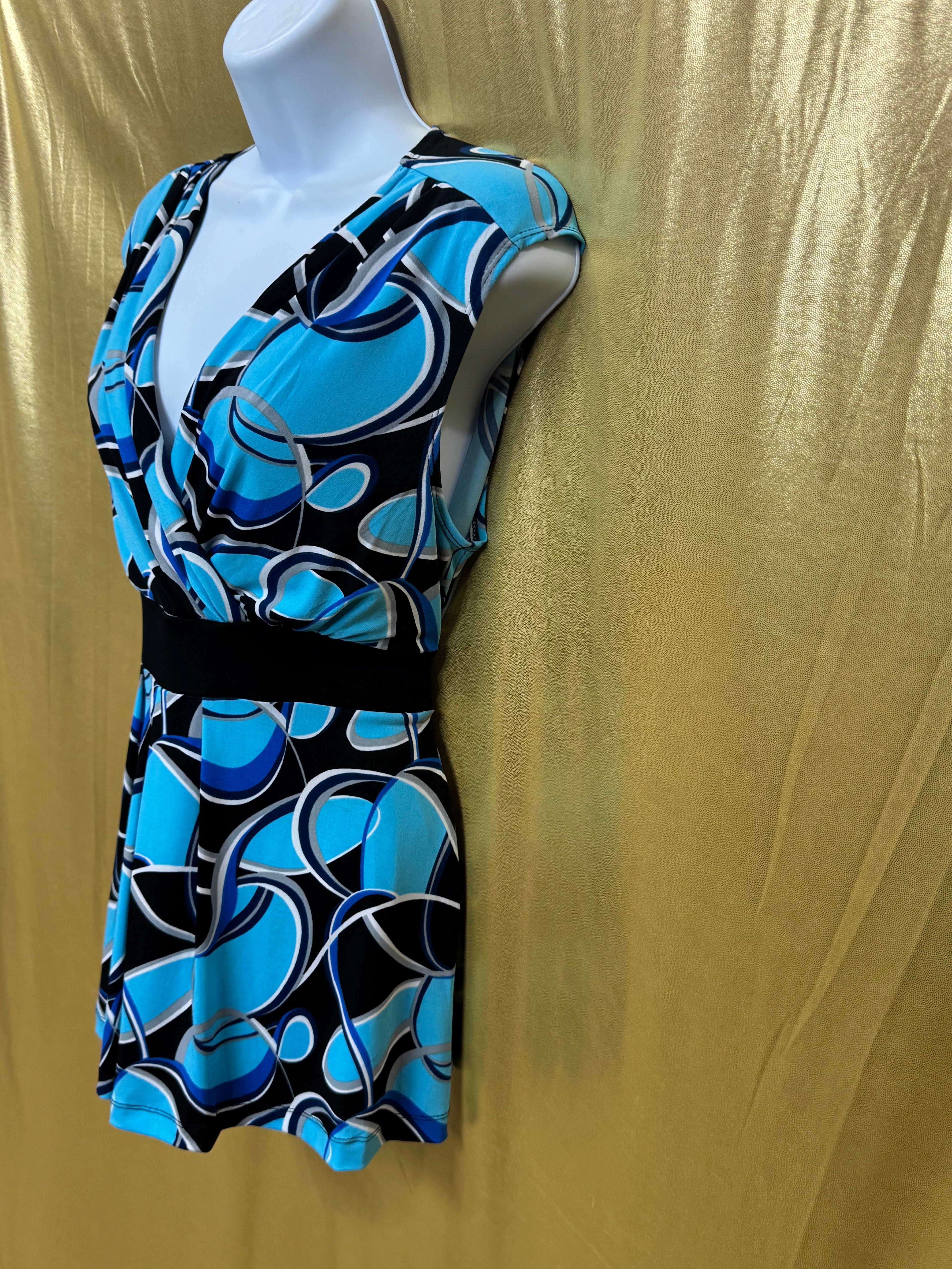 Cato Geometric Abstract V-Neck Faux Wrap Top Blue Black Medium W/ Tie Belt