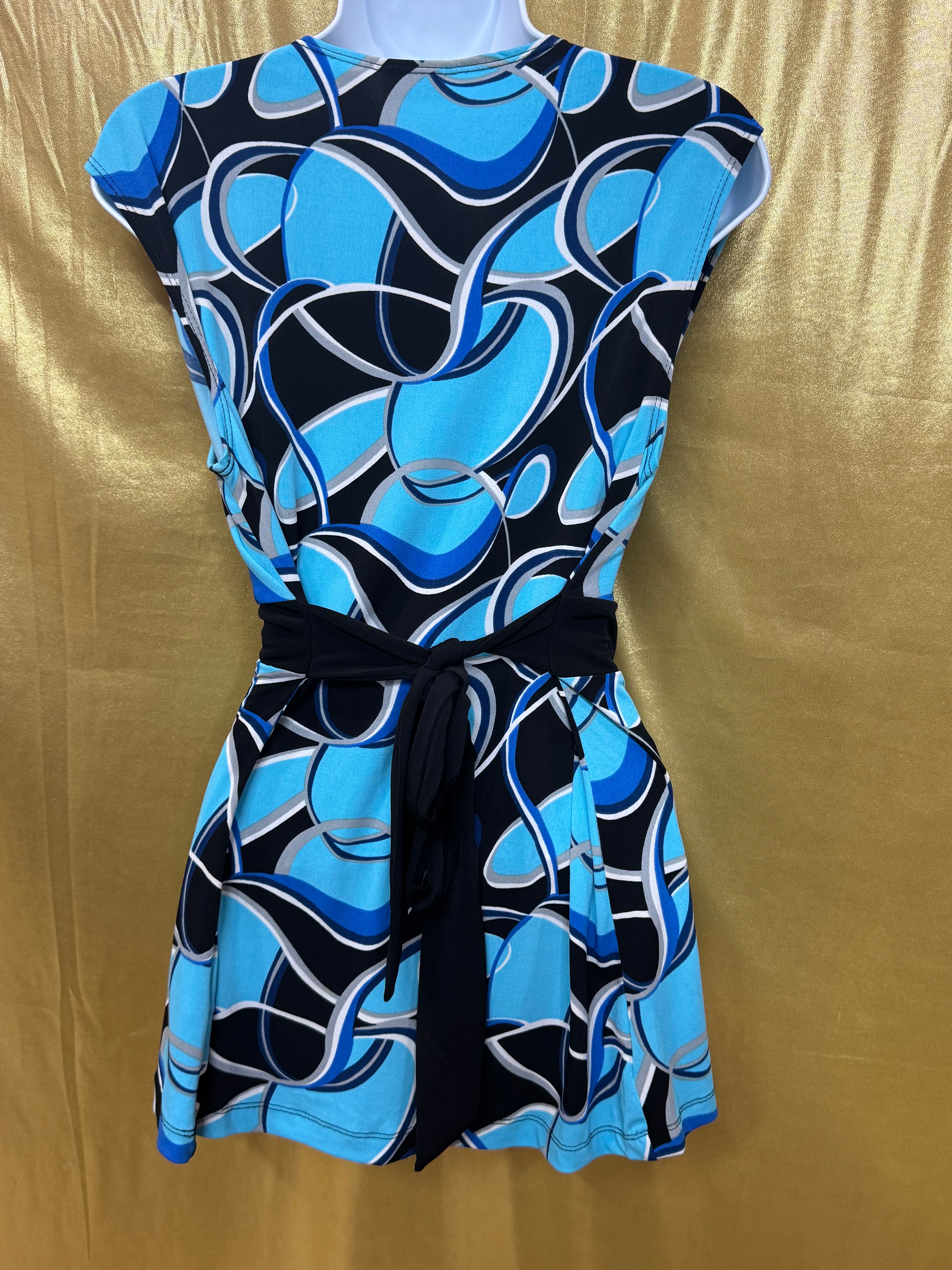 Cato Geometric Abstract V-Neck Faux Wrap Top Blue Black Medium W/ Tie Belt