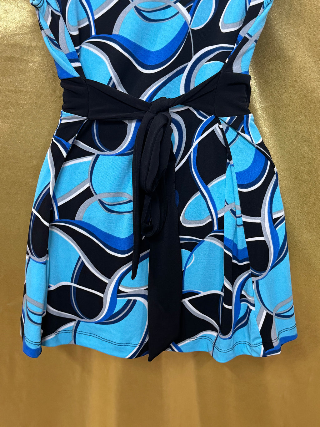 Cato Geometric Abstract V-Neck Faux Wrap Top Blue Black Medium W/ Tie Belt