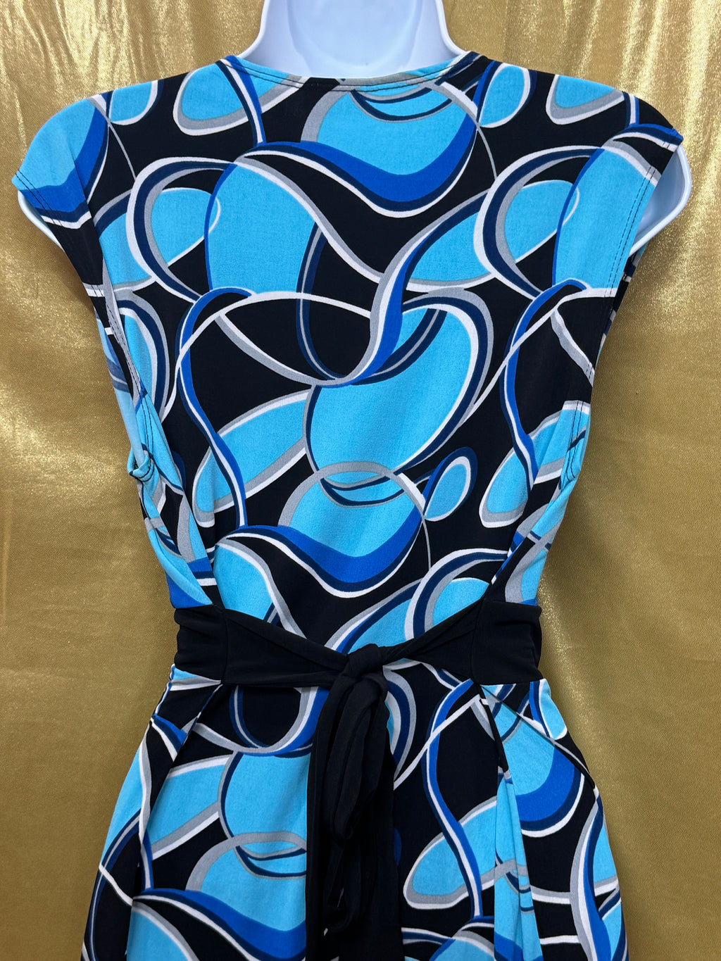Cato Geometric Abstract V-Neck Faux Wrap Top Blue Black Medium W/ Tie Belt
