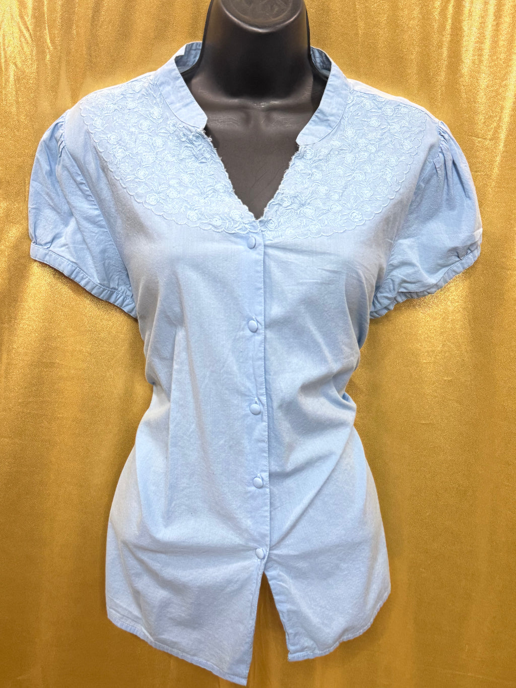 Kim Rogers Light Blue Cotton Blouse Large Embroidered Lace V-Neck Button Down
