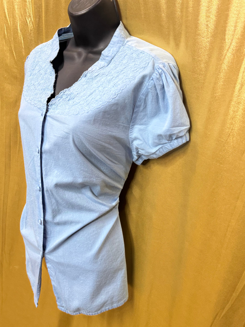 Kim Rogers Light Blue Cotton Blouse Large Embroidered Lace V-Neck Button Down