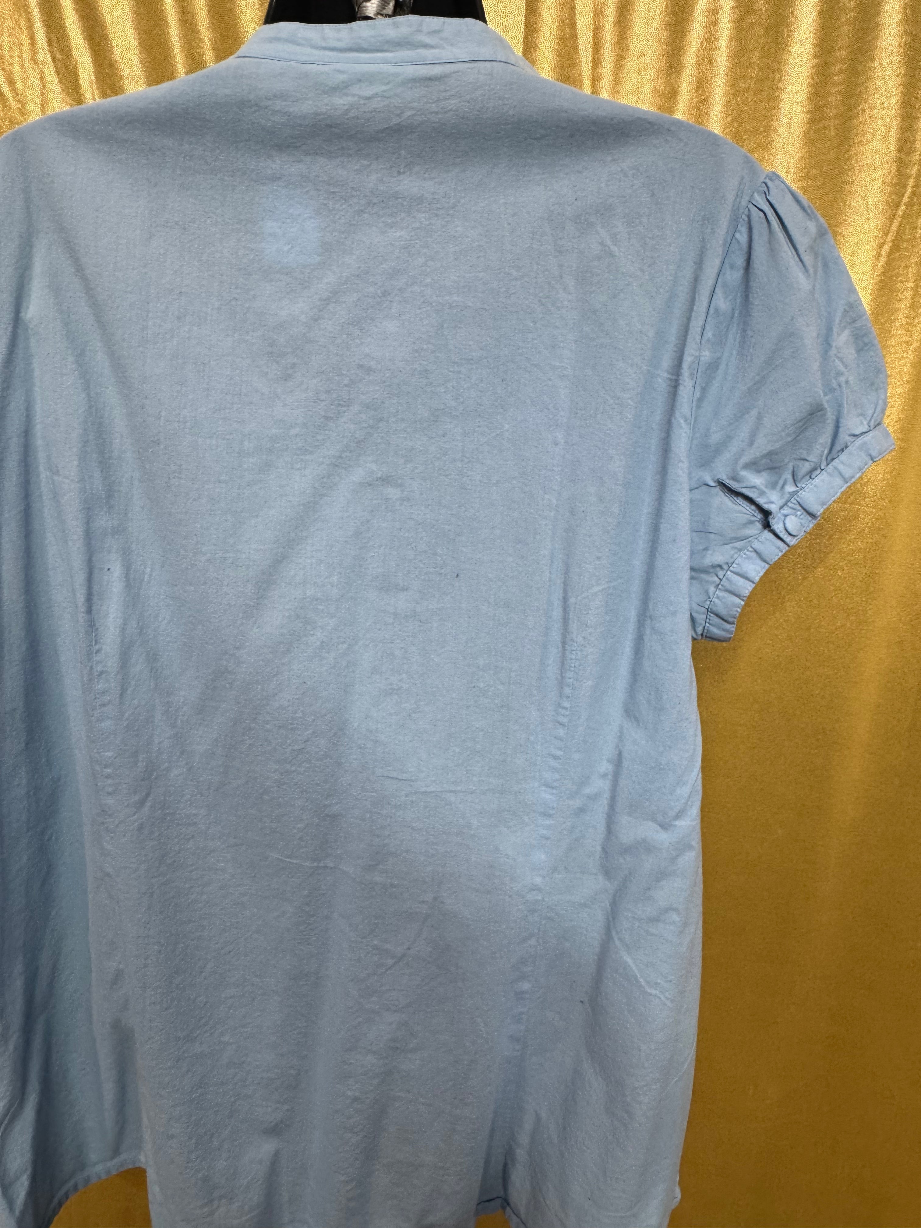Kim Rogers Light Blue Cotton Blouse Large Embroidered Lace V-Neck Button Down