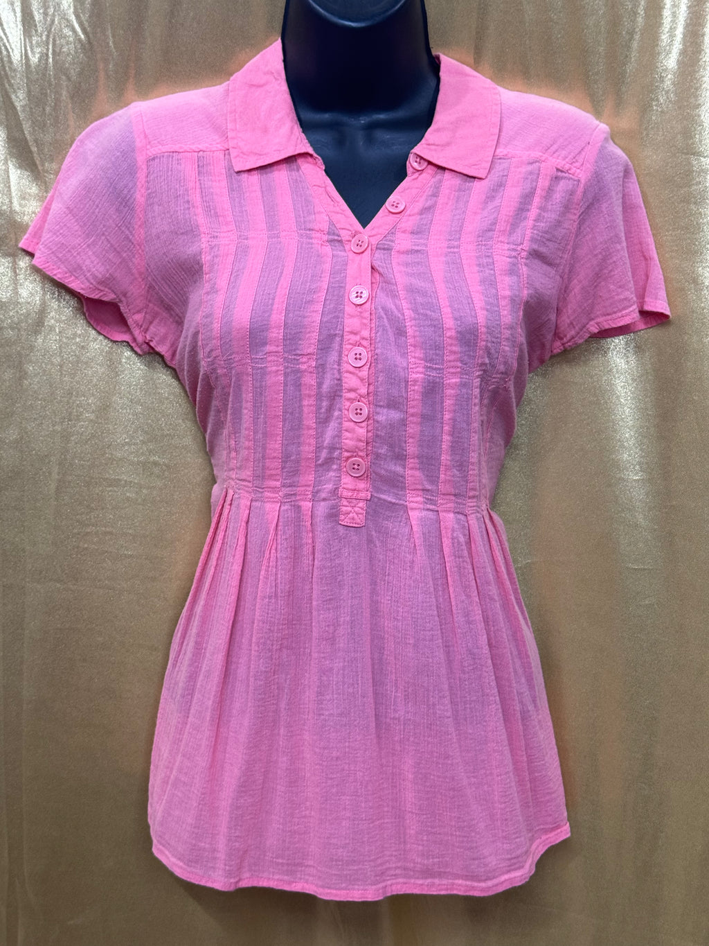 DKNY Jeans Pink Cotton Pintuck Short Sleeve Blouse L