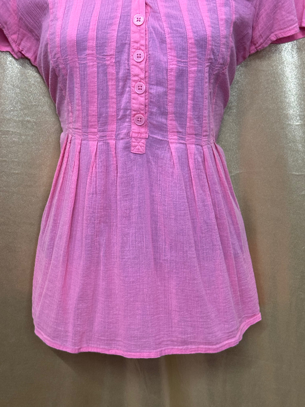 DKNY Jeans Pink Cotton Pintuck Short Sleeve Blouse L