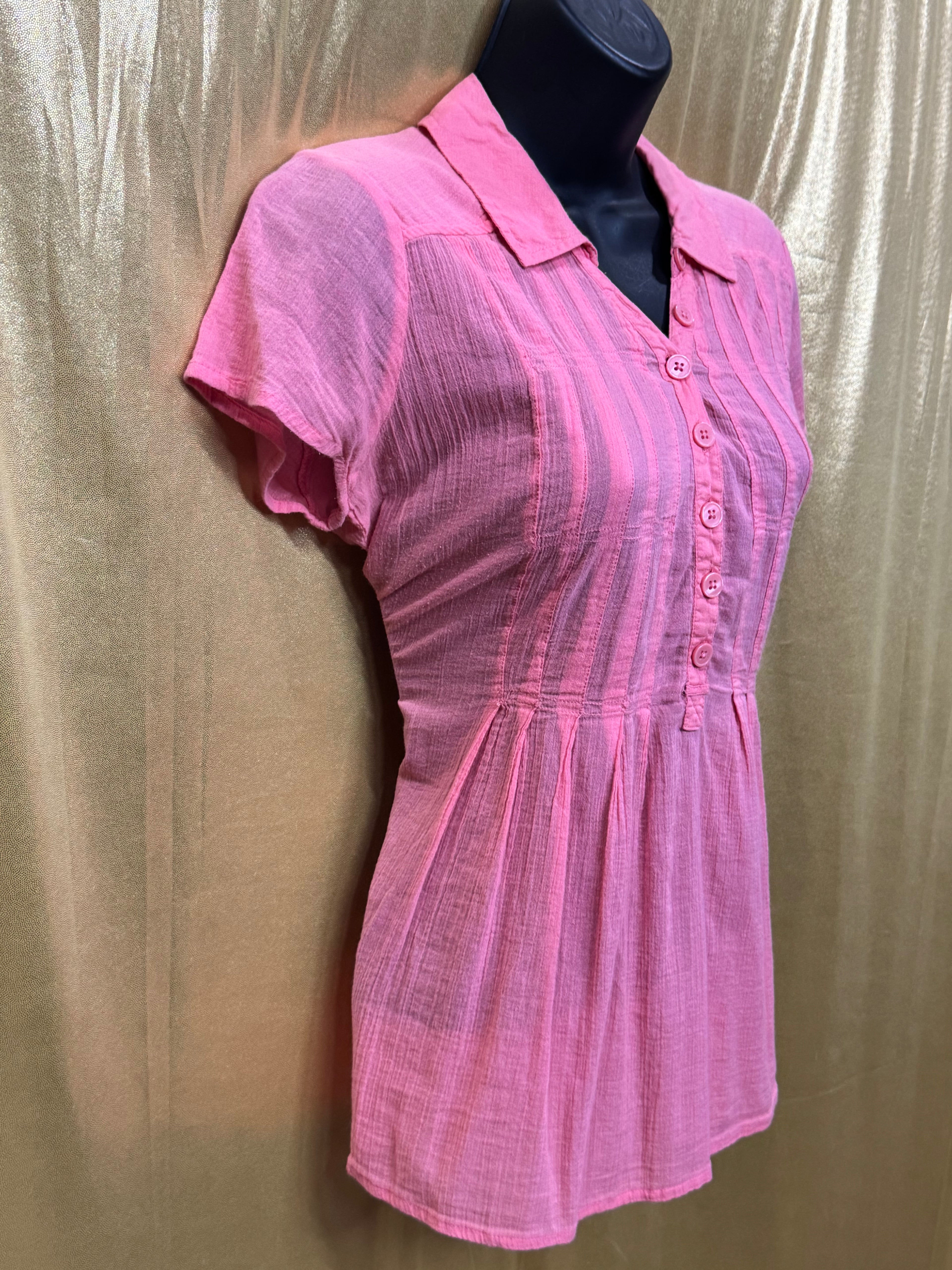 DKNY Jeans Pink Cotton Pintuck Short Sleeve Blouse L