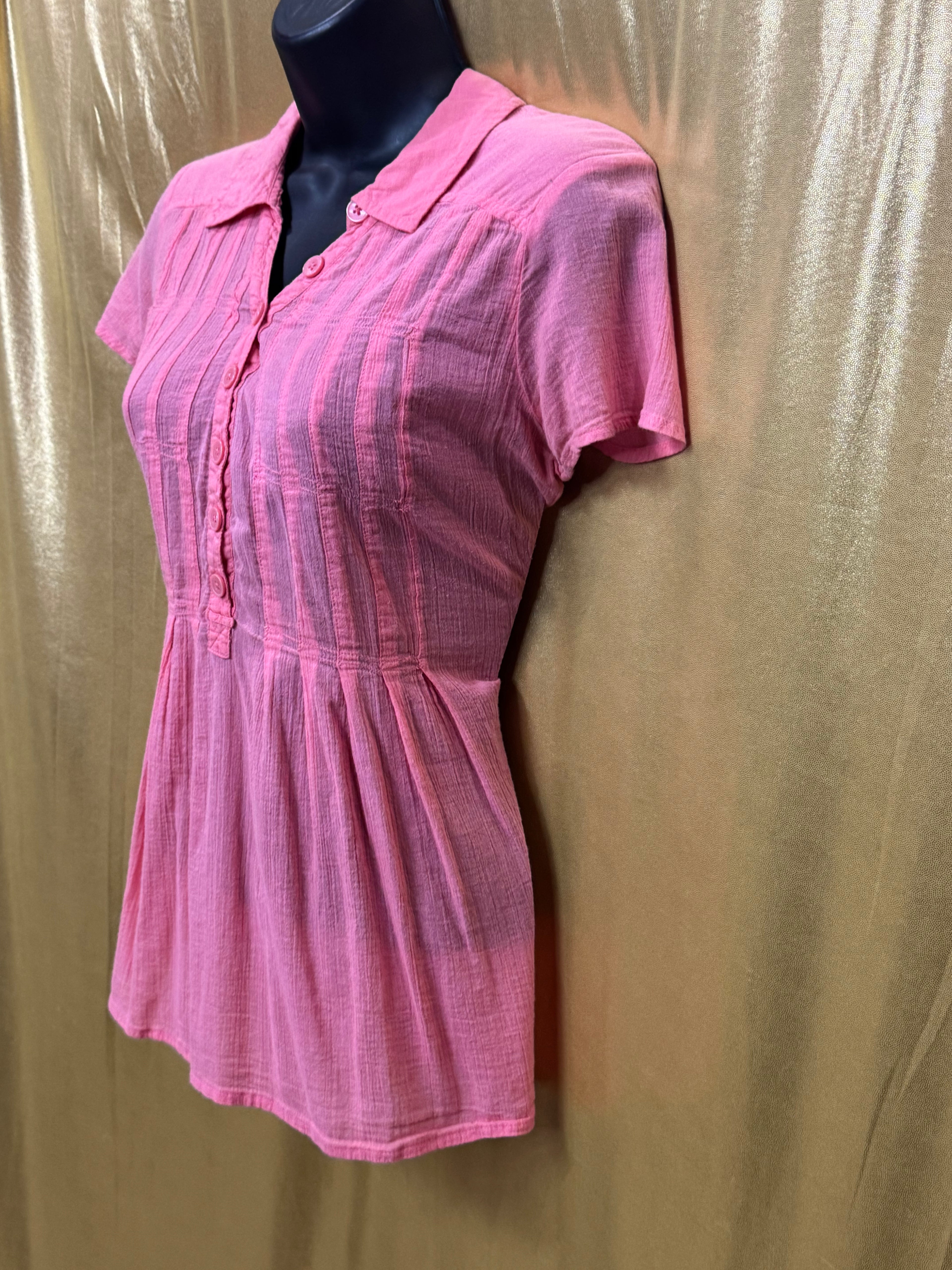 DKNY Jeans Pink Cotton Pintuck Short Sleeve Blouse L