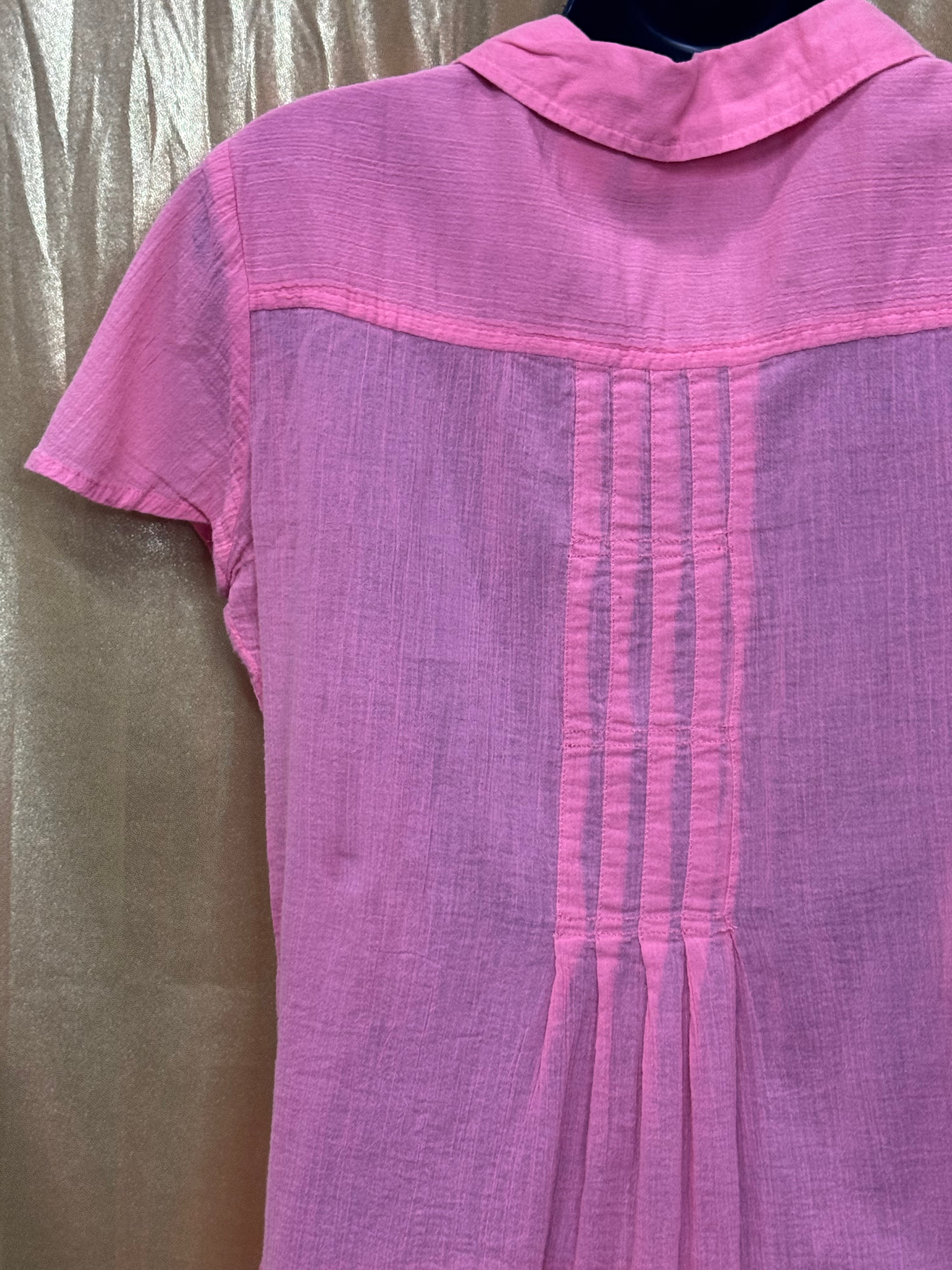 DKNY Jeans Pink Cotton Pintuck Short Sleeve Blouse L