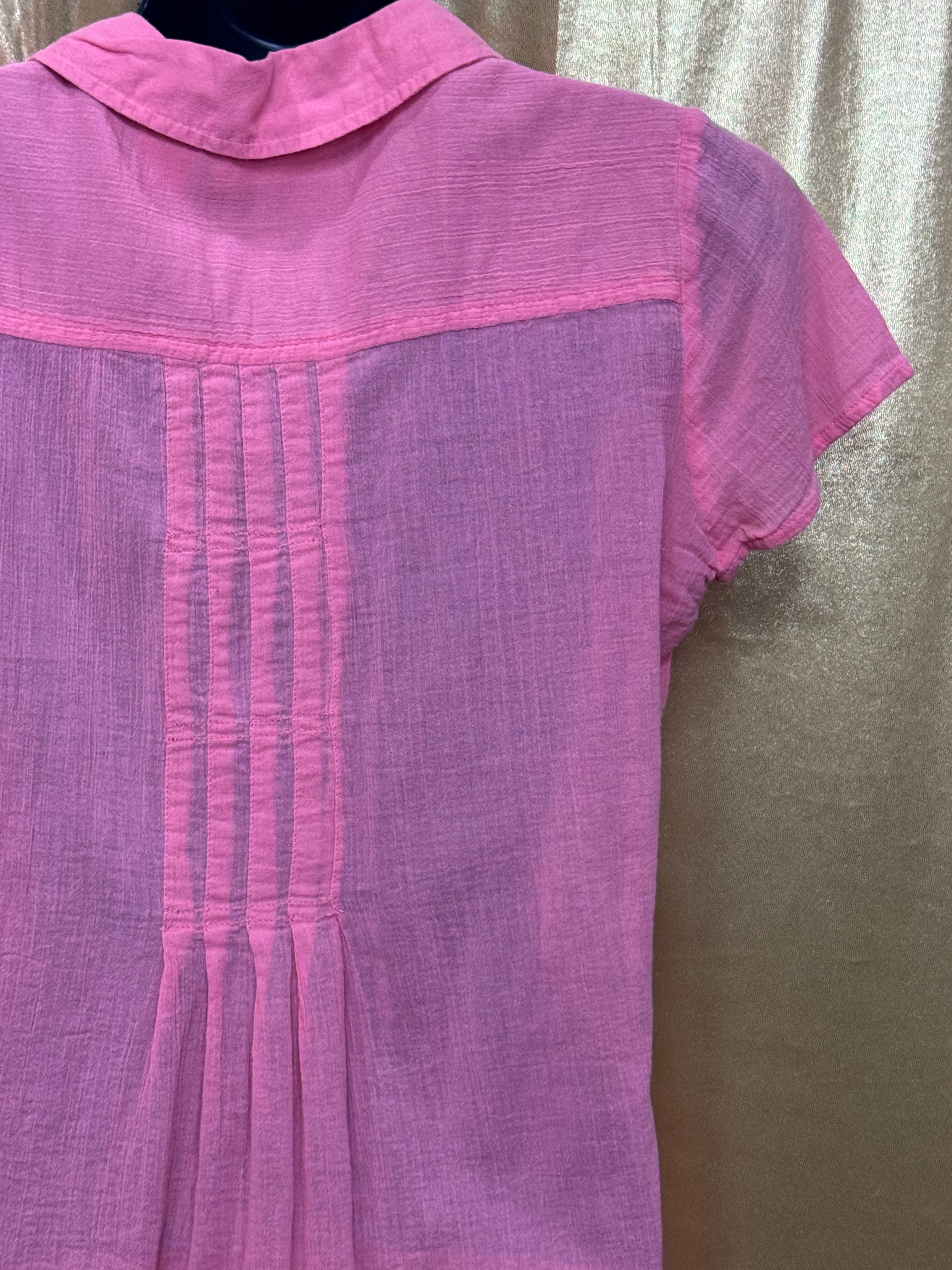 DKNY Jeans Pink Cotton Pintuck Short Sleeve Blouse L