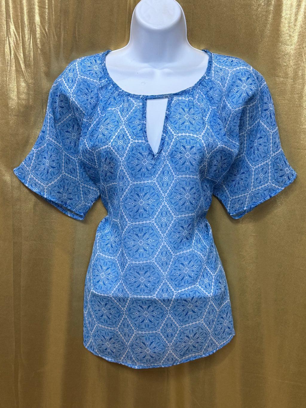 Worthington Blue Geometric Keyhole Blouse Size L Polyester Short Sleeve