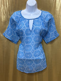 Worthington Blue Geometric Keyhole Blouse Size L Polyester Short Sleeve