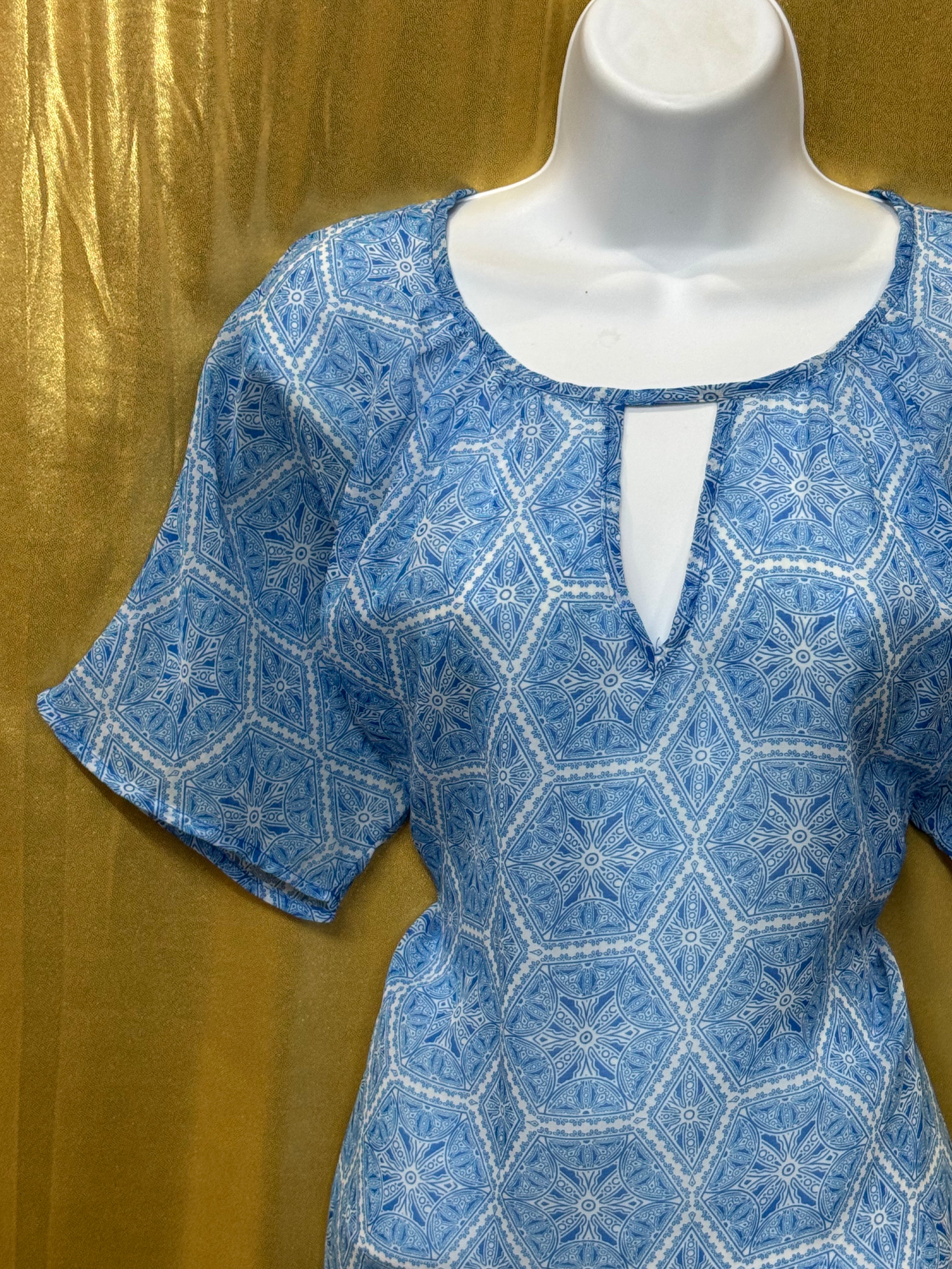 Worthington Blue Geometric Keyhole Blouse Size L Polyester Short Sleeve