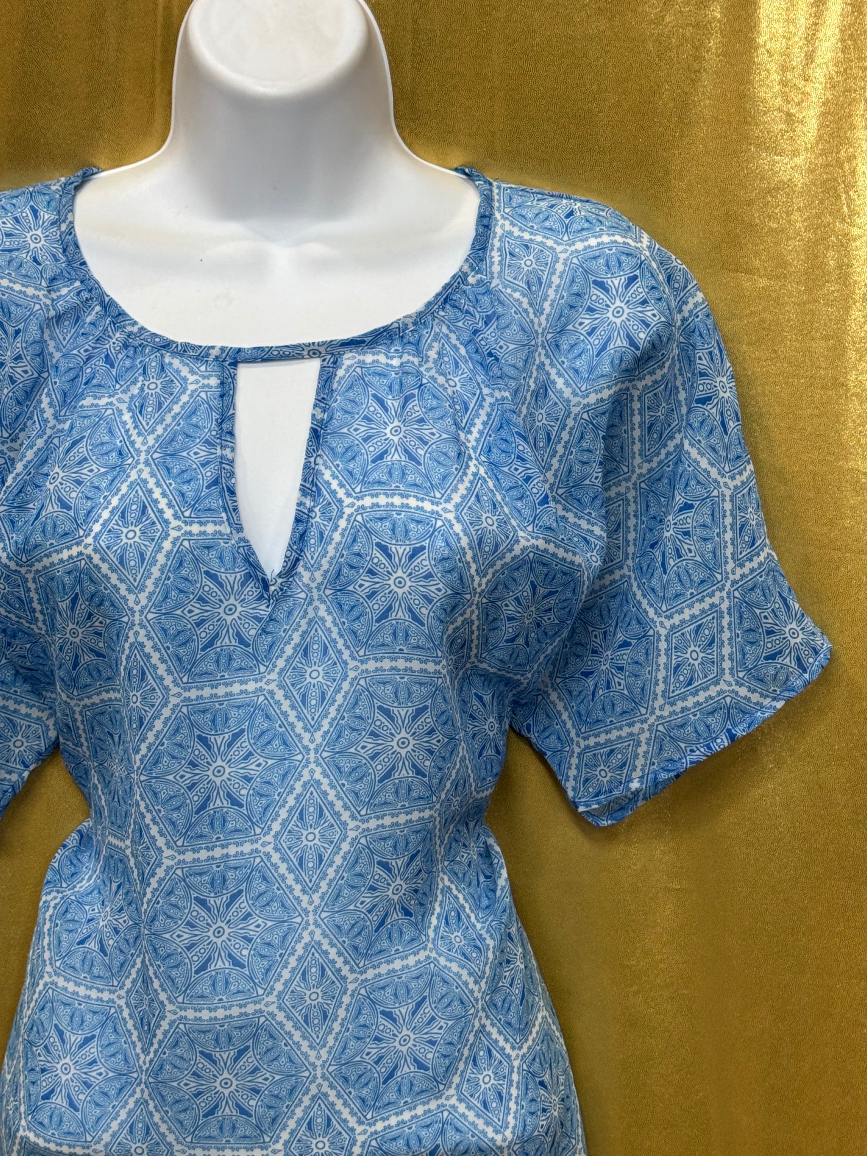 Worthington Blue Geometric Keyhole Blouse Size L Polyester Short Sleeve