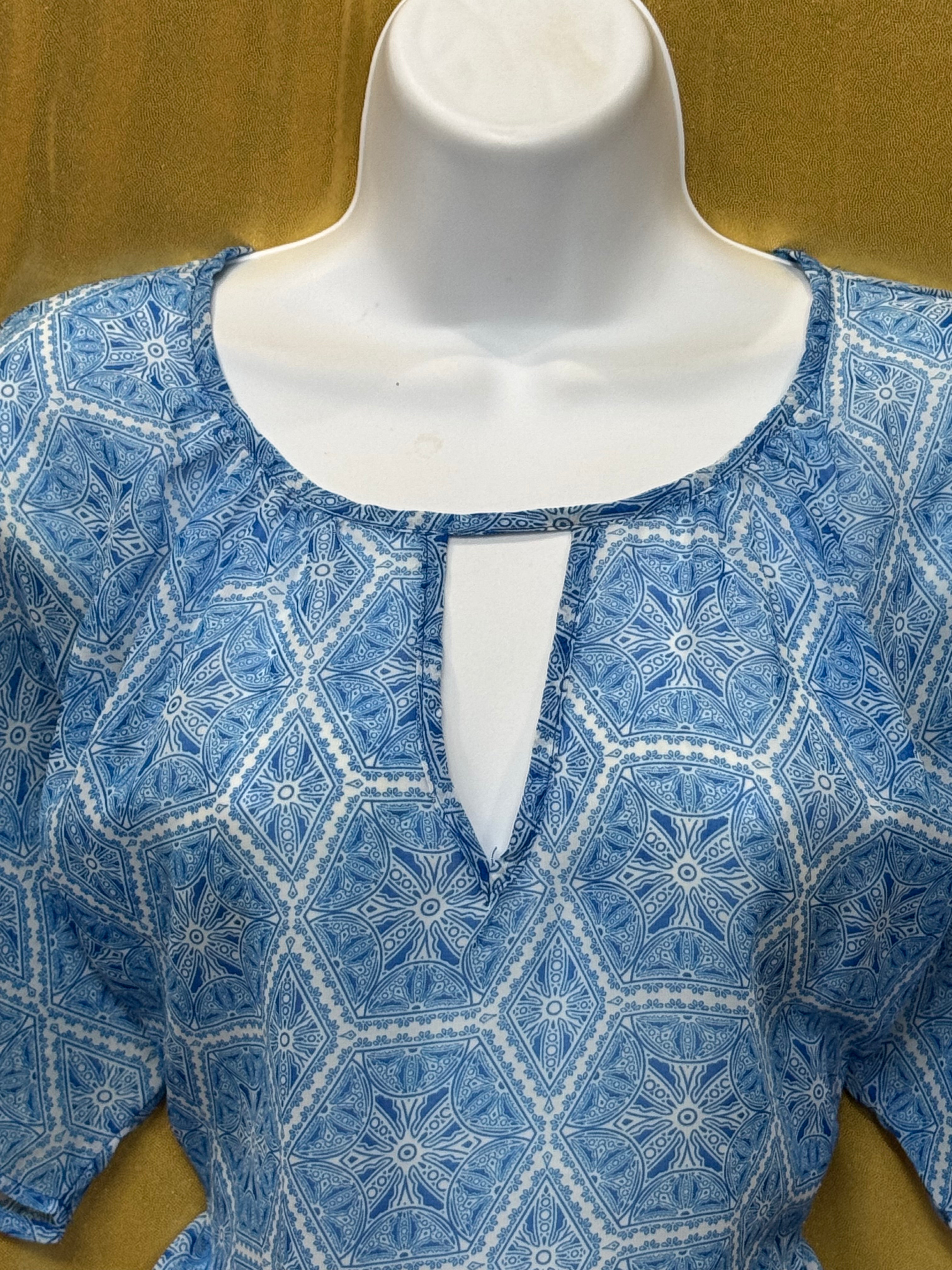 Worthington Blue Geometric Keyhole Blouse Size L Polyester Short Sleeve