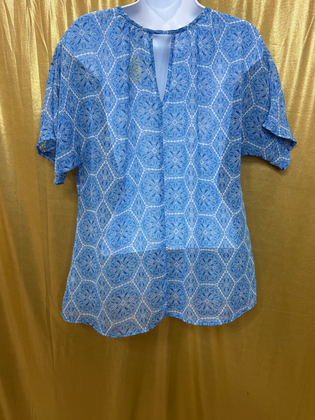 Worthington Blue Geometric Keyhole Blouse Size L Polyester Short Sleeve