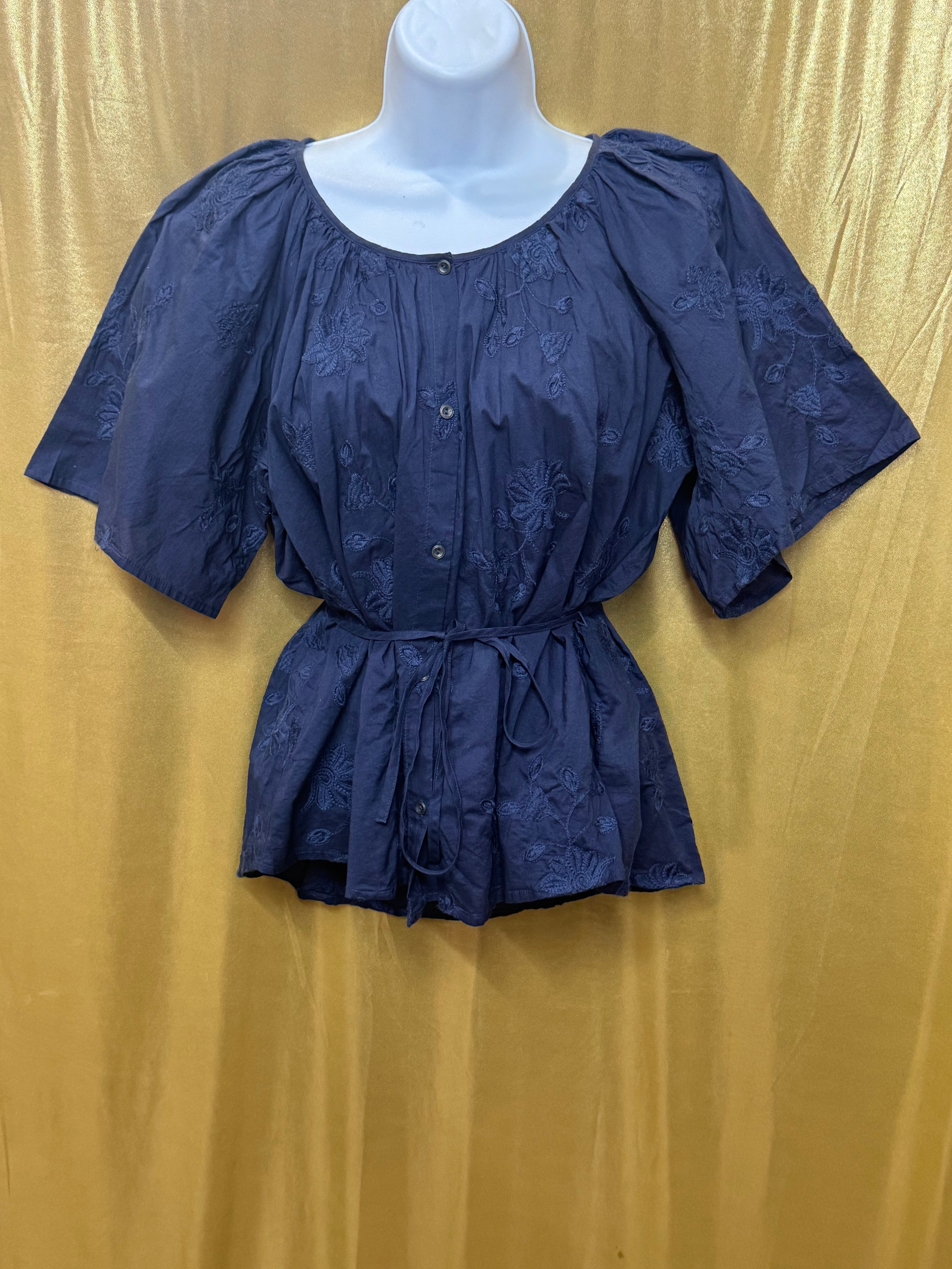 Lucky Brand Navy Blue Embroidered Cotton Peplum Blouse Shirt Top Size Small