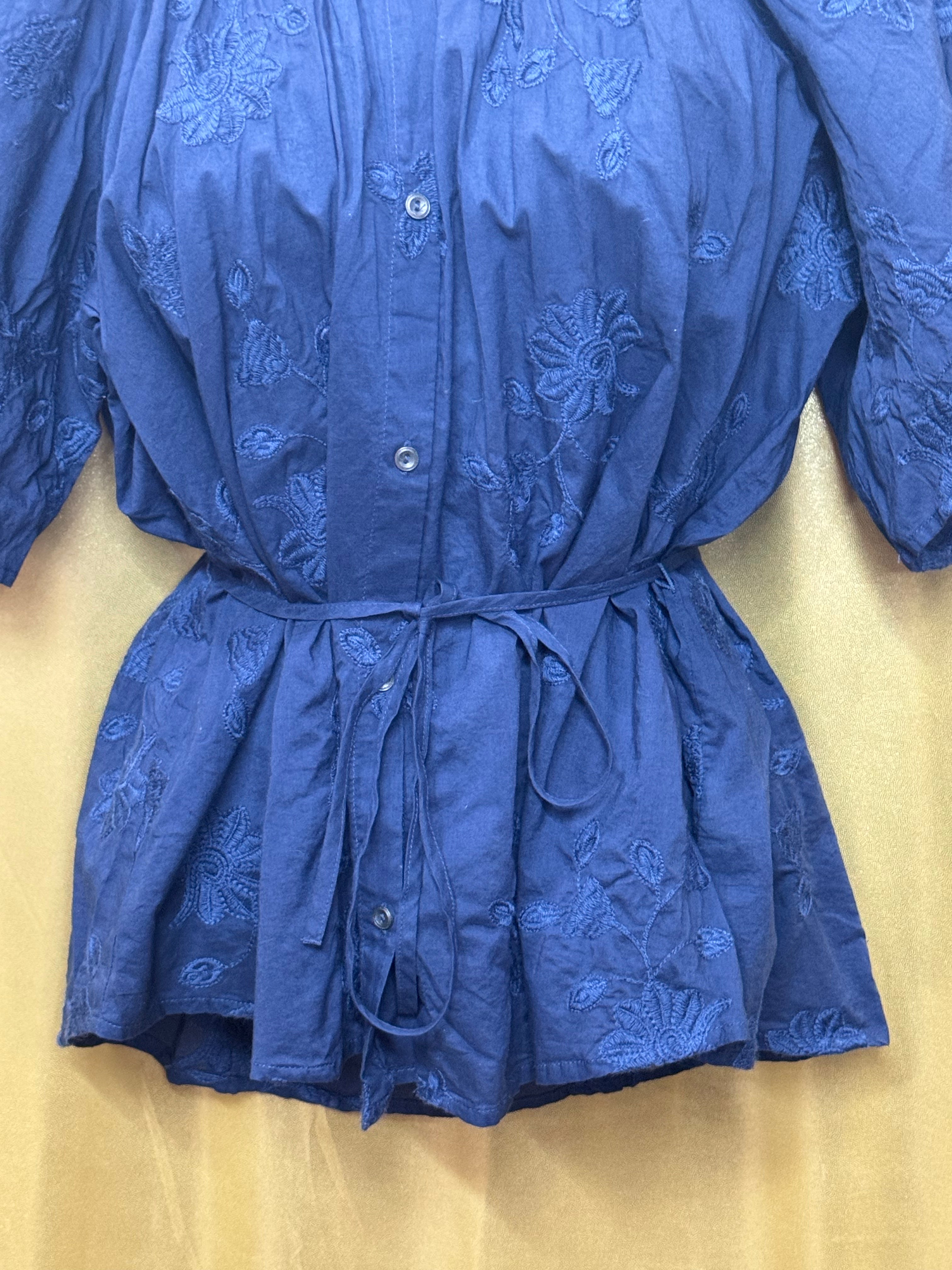 Lucky Brand Navy Blue Embroidered Cotton Peplum Blouse Shirt Top Size Small