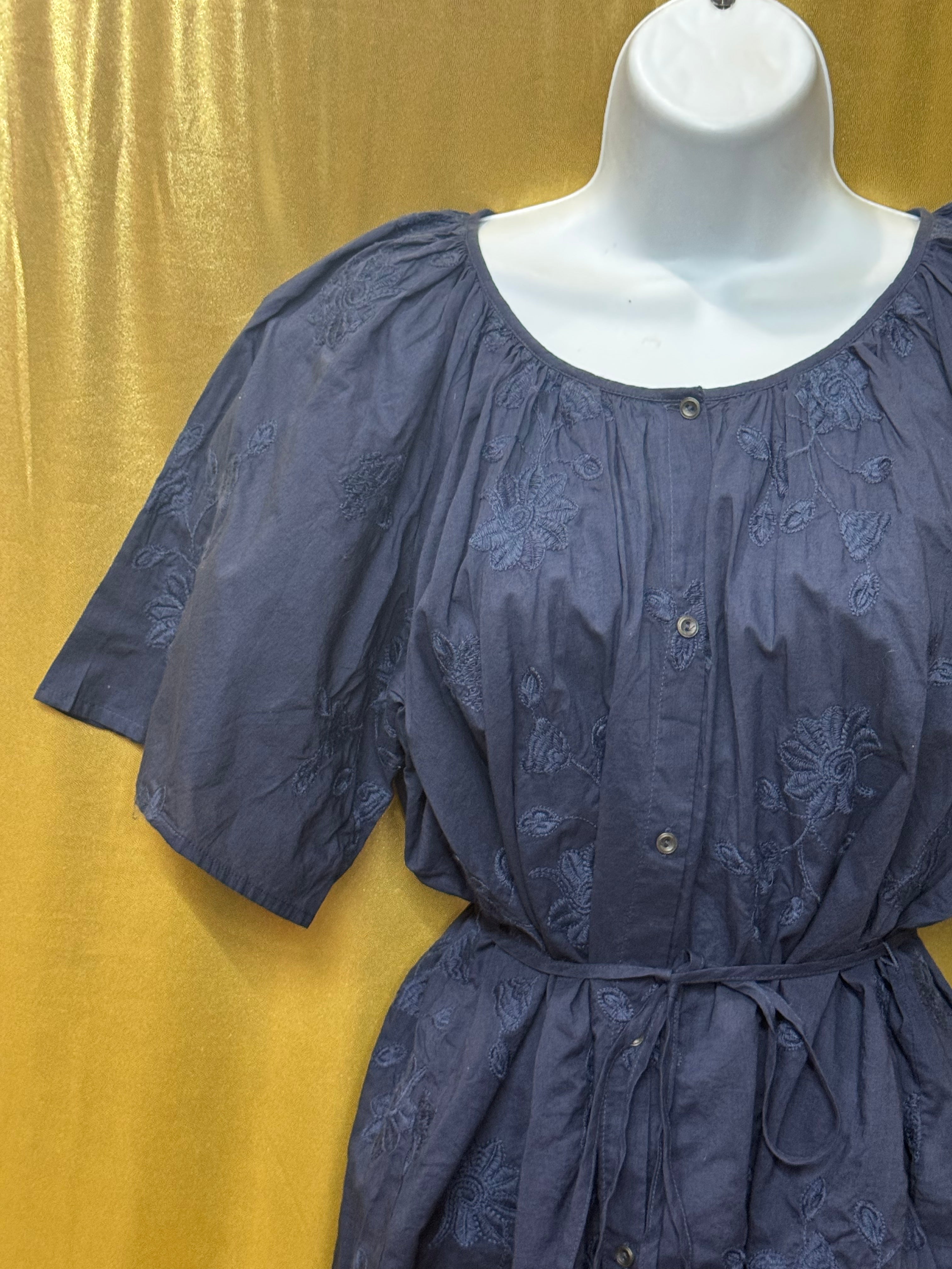 Lucky Brand Navy Blue Embroidered Cotton Peplum Blouse Shirt Top Size Small