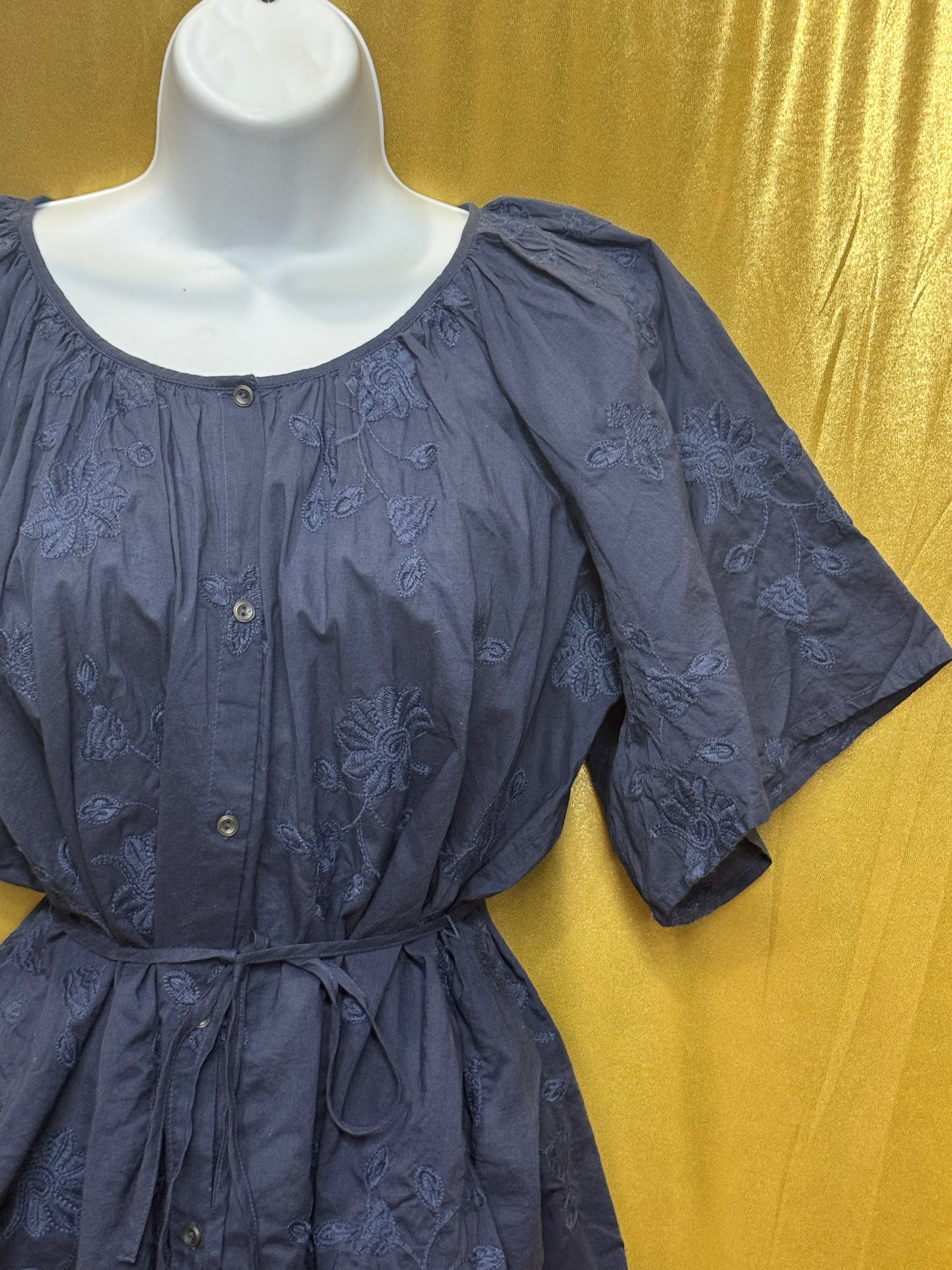 Lucky Brand Navy Blue Embroidered Cotton Peplum Blouse Shirt Top Size Small