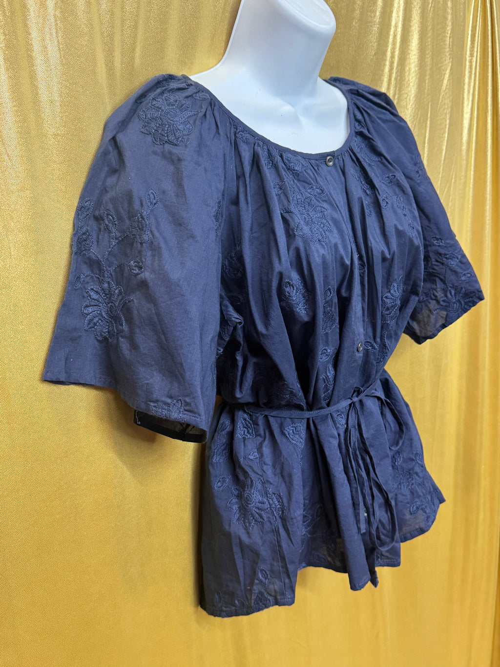 Lucky Brand Navy Blue Embroidered Cotton Peplum Blouse Shirt Top Size Small