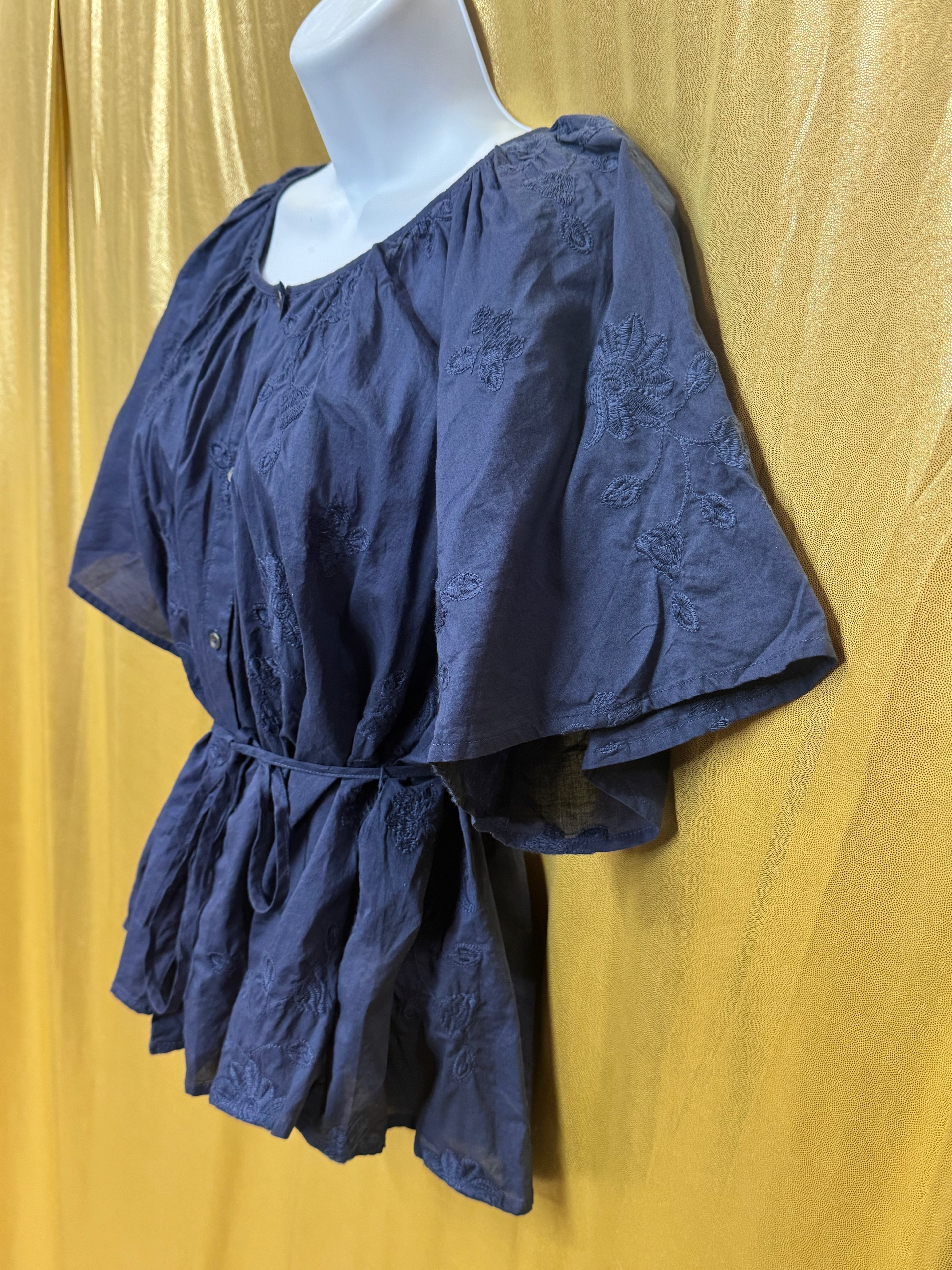 Lucky Brand Navy Blue Embroidered Cotton Peplum Blouse Shirt Top Size Small