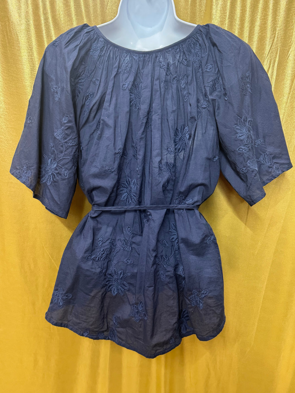 Lucky Brand Navy Blue Embroidered Cotton Peplum Blouse Shirt Top Size Small