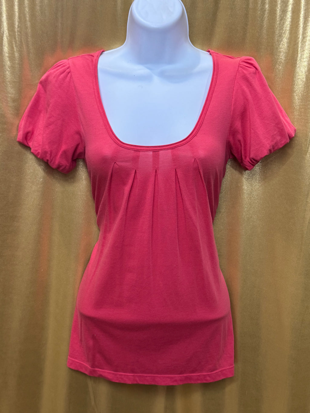 American Eagle Pink Scoop Neck Pleated Blouse Short Puff Sleeve Top Size Small