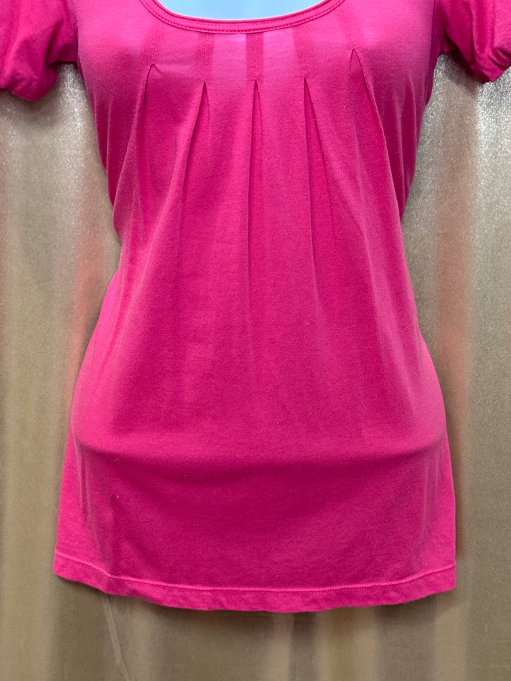 American Eagle Pink Scoop Neck Pleated Blouse Short Puff Sleeve Top Size Small