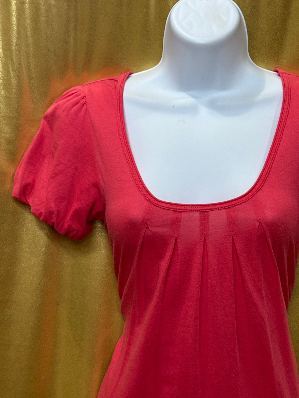 American Eagle Pink Scoop Neck Pleated Blouse Short Puff Sleeve Top Size Small