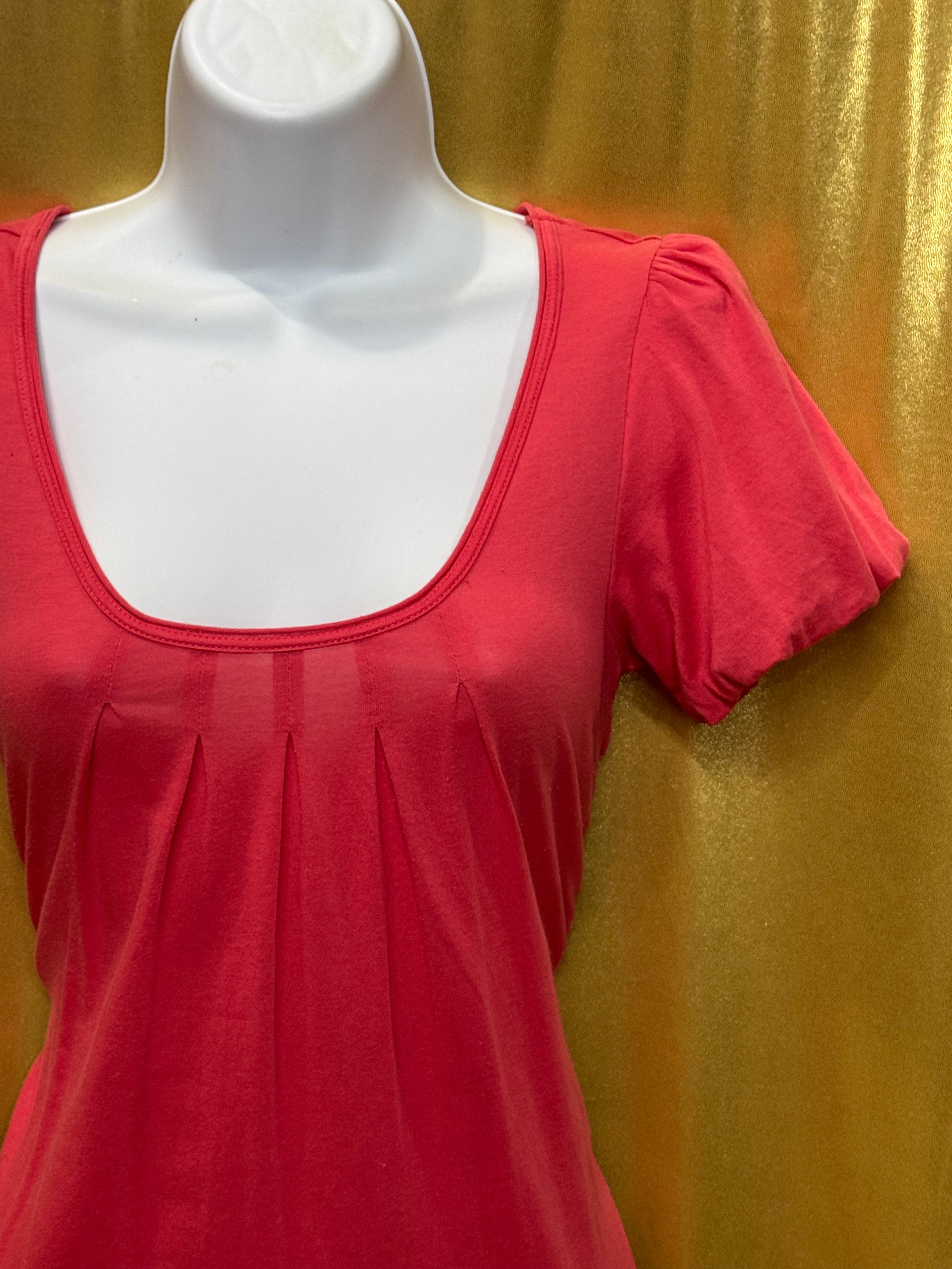 American Eagle Pink Scoop Neck Pleated Blouse Short Puff Sleeve Top Size Small