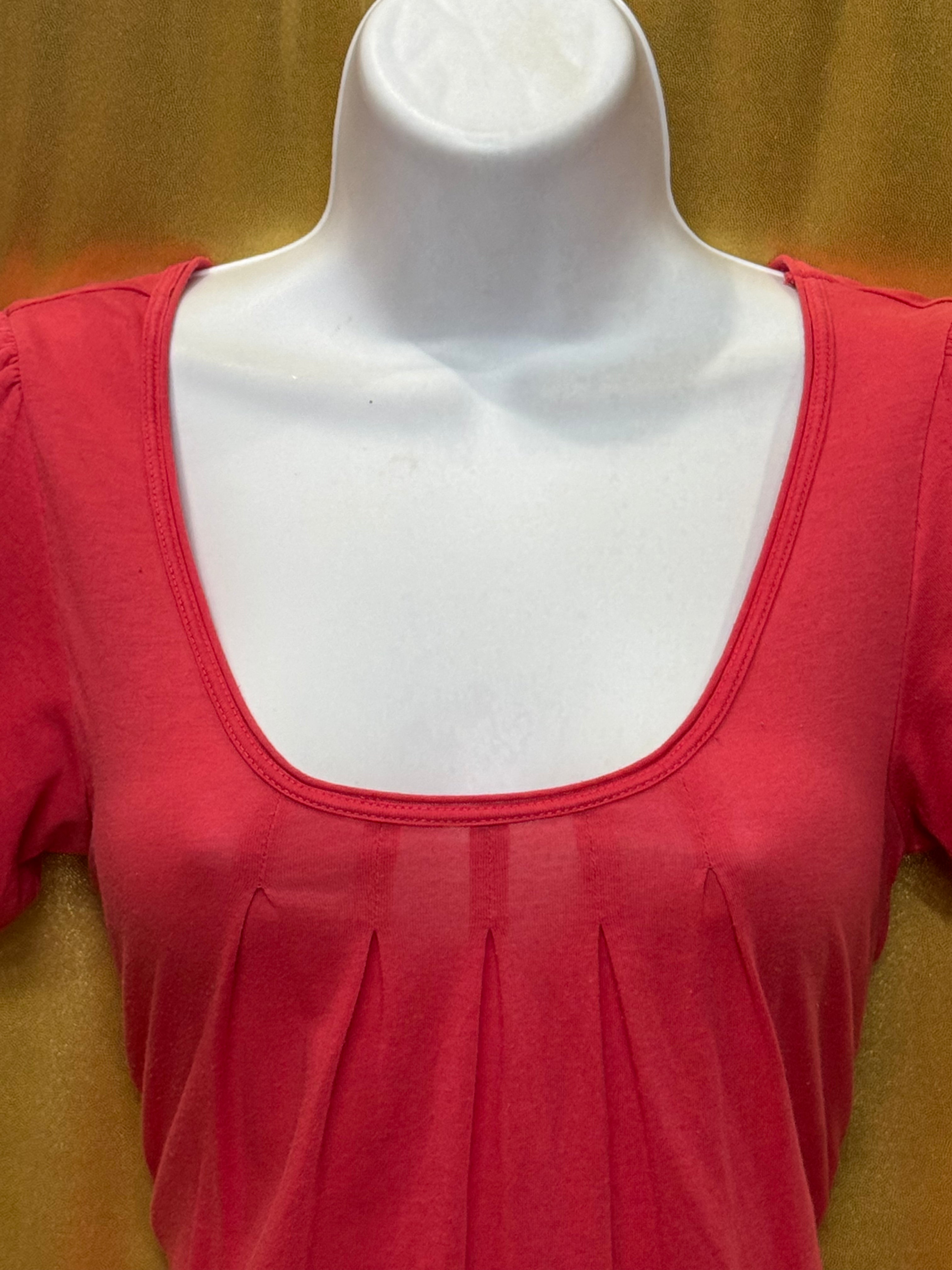 American Eagle Pink Scoop Neck Pleated Blouse Short Puff Sleeve Top Size Small