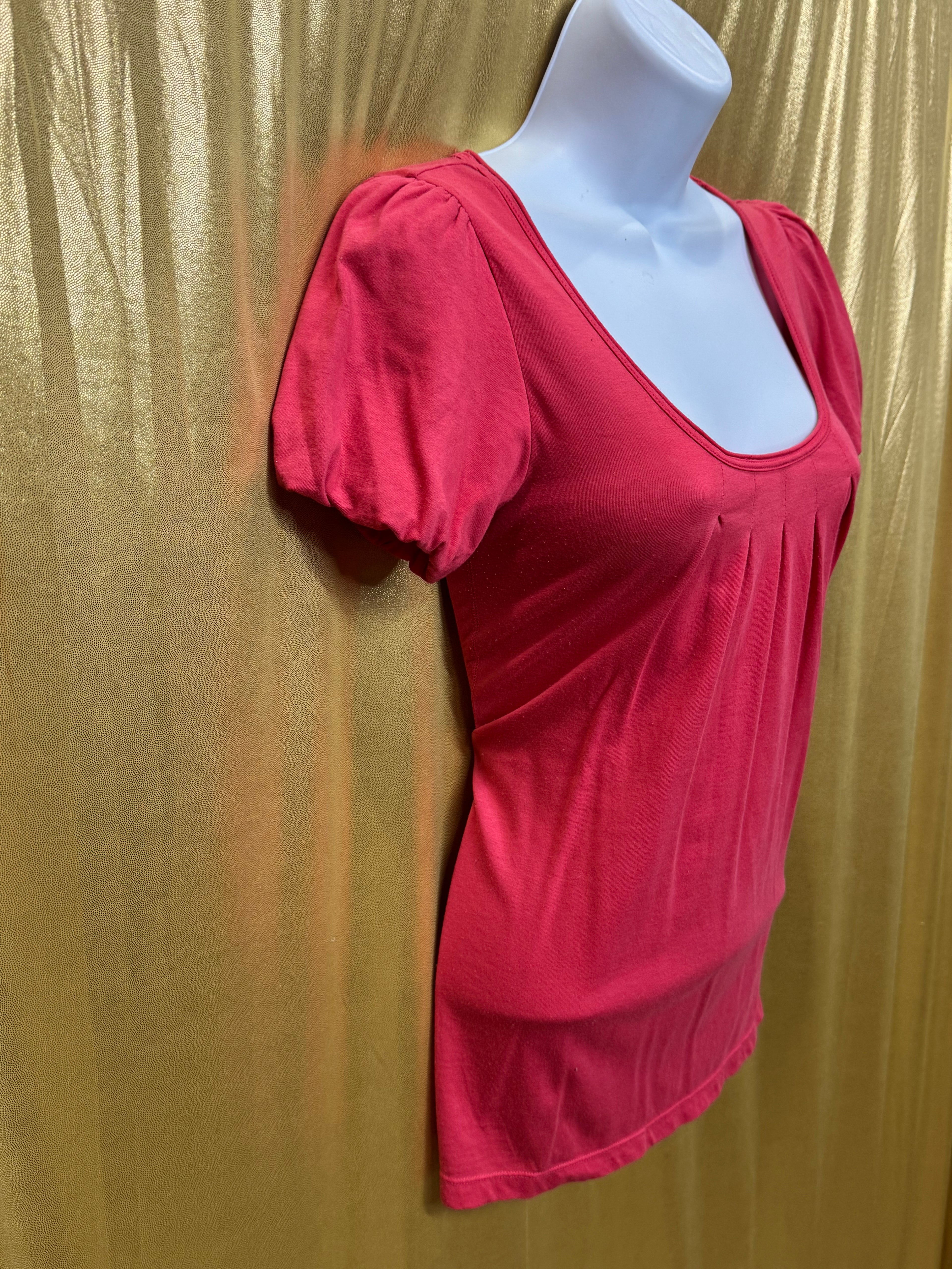 American Eagle Pink Scoop Neck Pleated Blouse Short Puff Sleeve Top Size Small