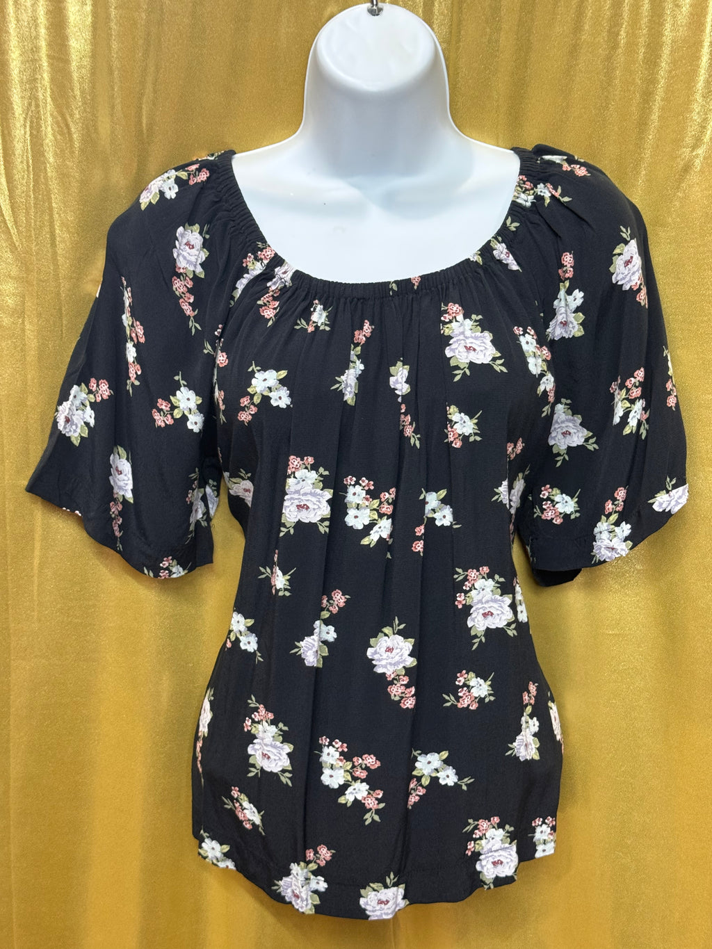 LOFT Black Floral Boho Blouse Scoop Neck Short Sleeve Top Size S