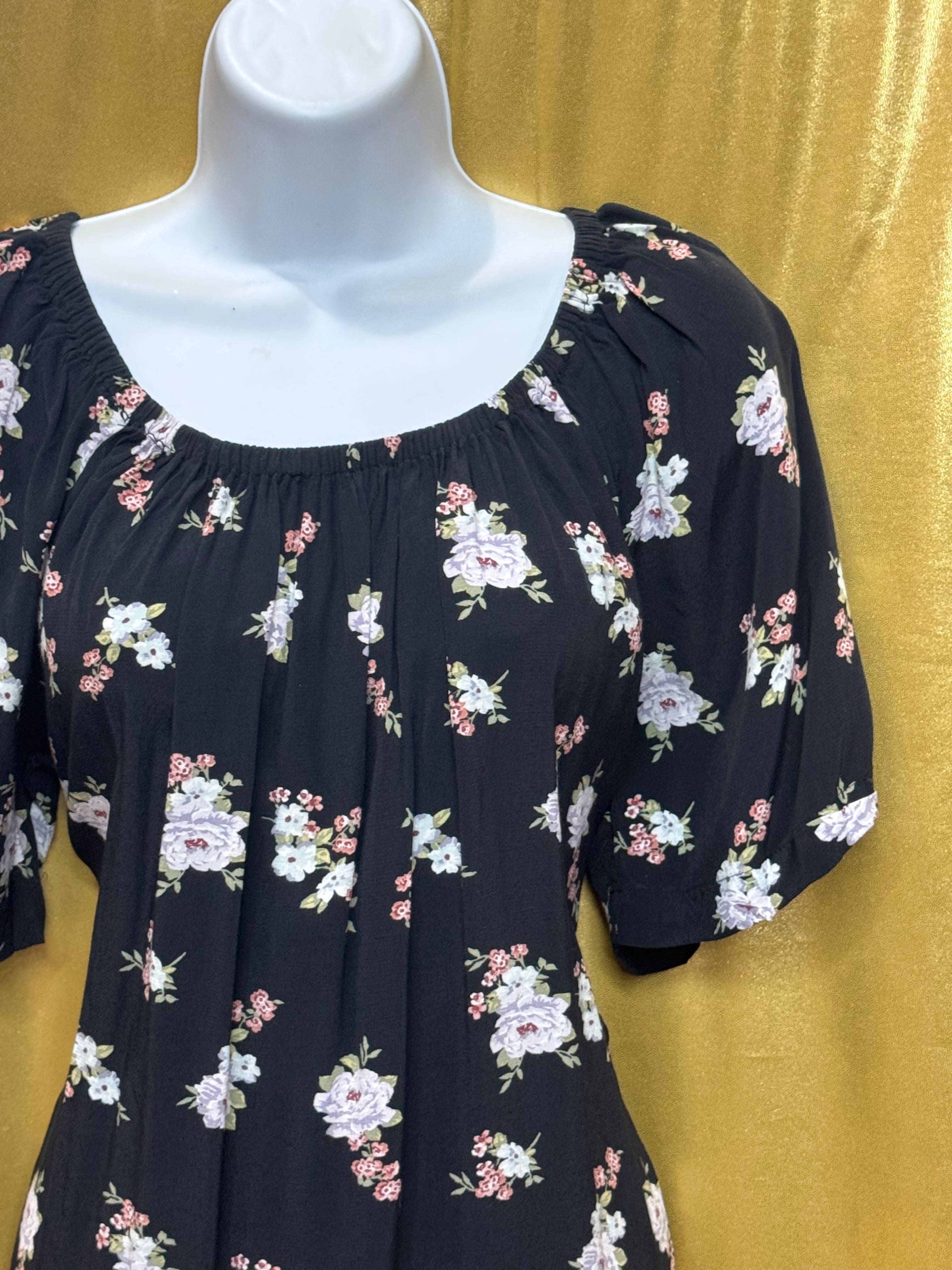 LOFT Black Floral Boho Blouse Scoop Neck Short Sleeve Top Size S
