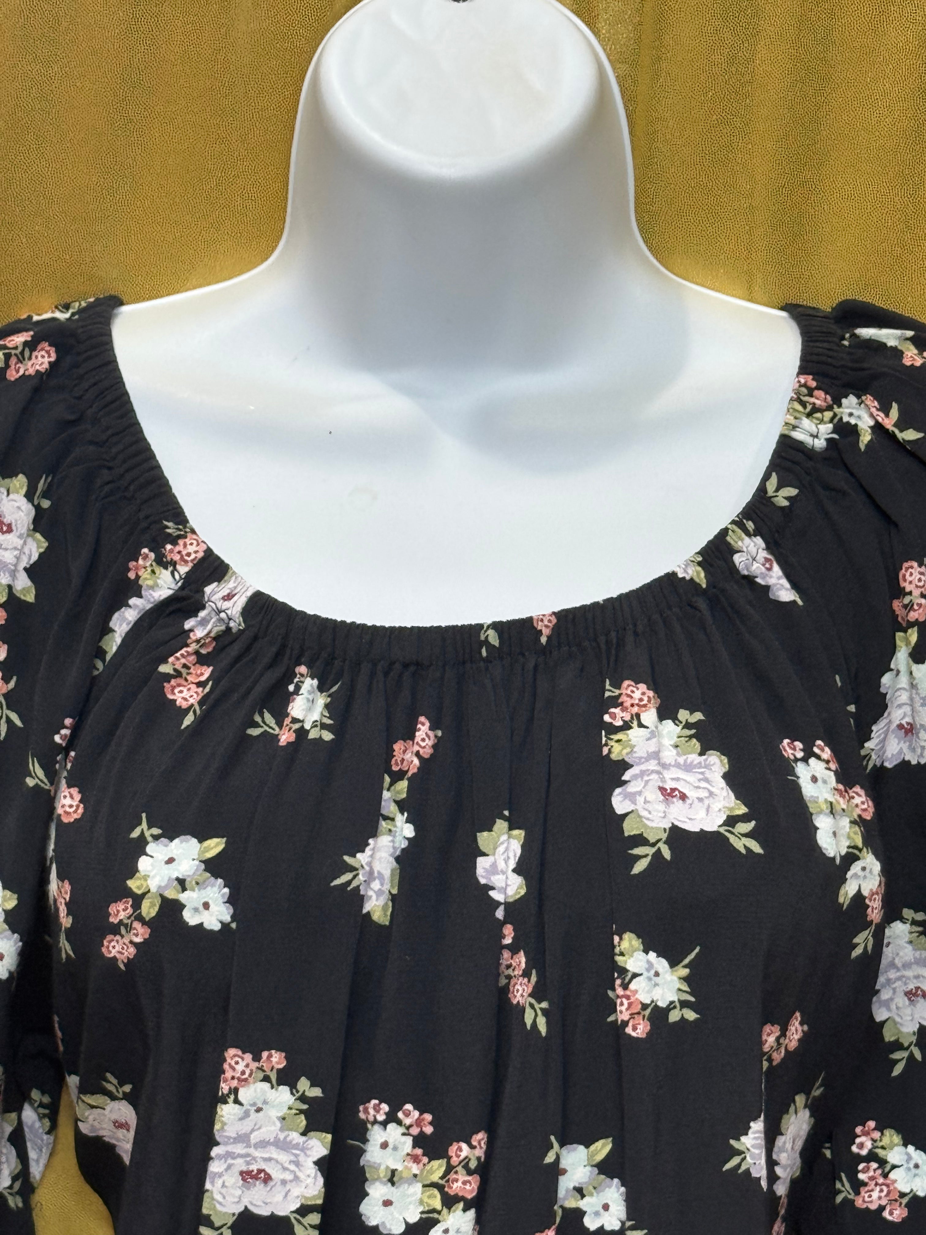 LOFT Black Floral Boho Blouse Scoop Neck Short Sleeve Top Size S