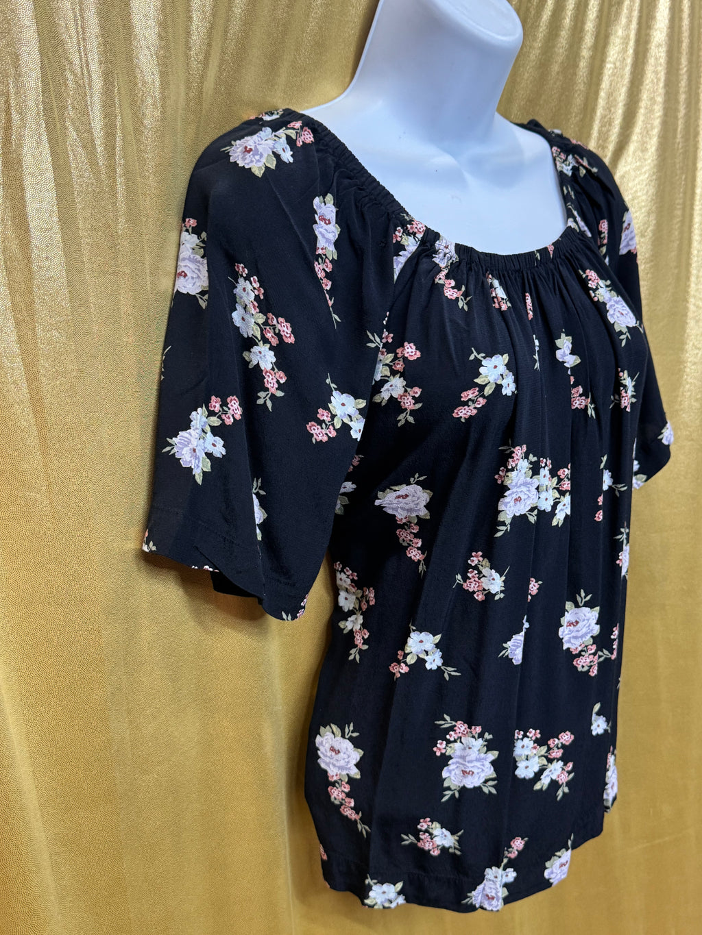 LOFT Black Floral Boho Blouse Scoop Neck Short Sleeve Top Size S