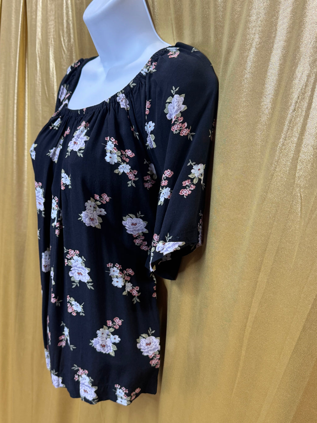 LOFT Black Floral Boho Blouse Scoop Neck Short Sleeve Top Size S