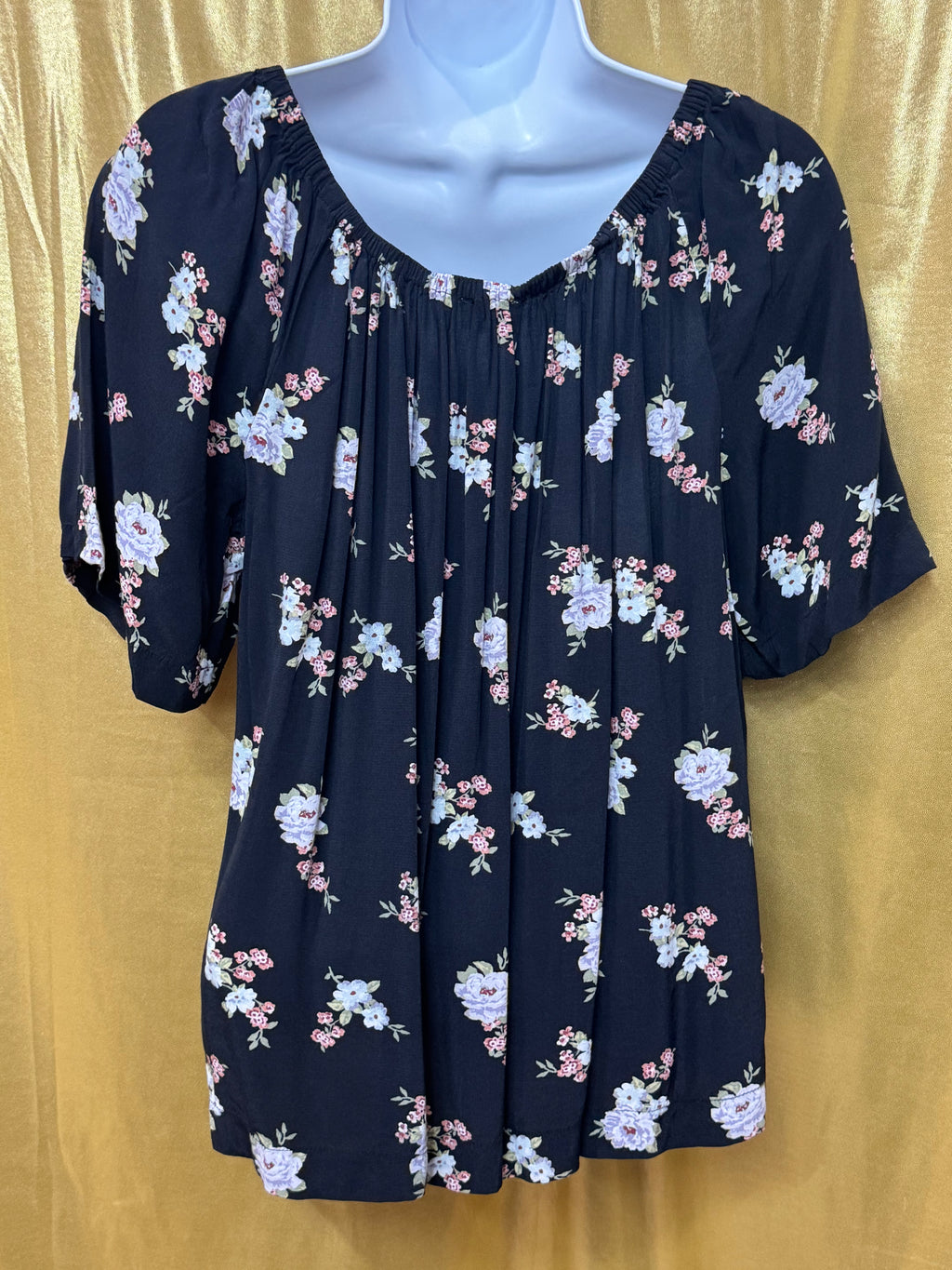 LOFT Black Floral Boho Blouse Scoop Neck Short Sleeve Top Size S