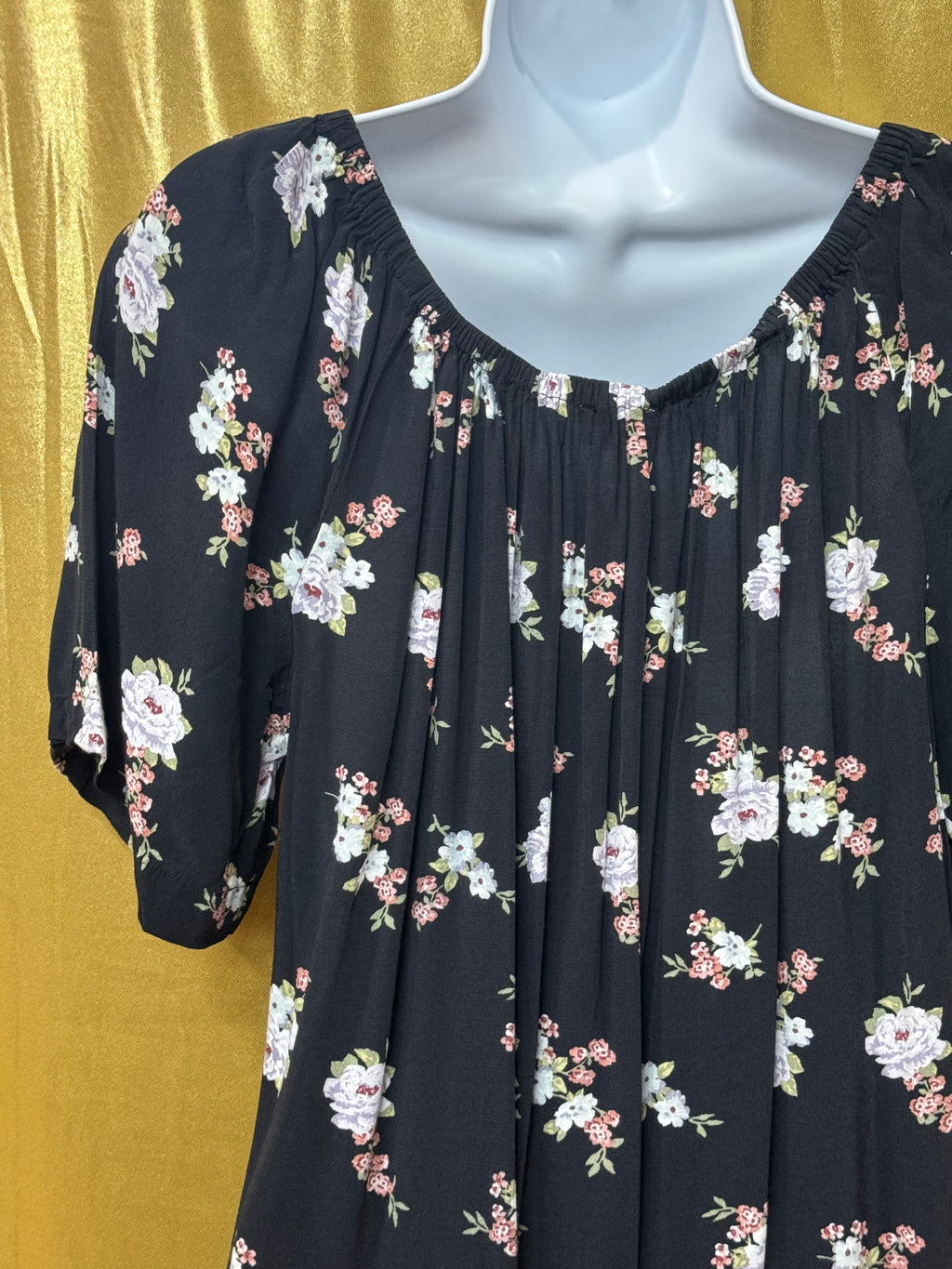 LOFT Black Floral Boho Blouse Scoop Neck Short Sleeve Top Size S